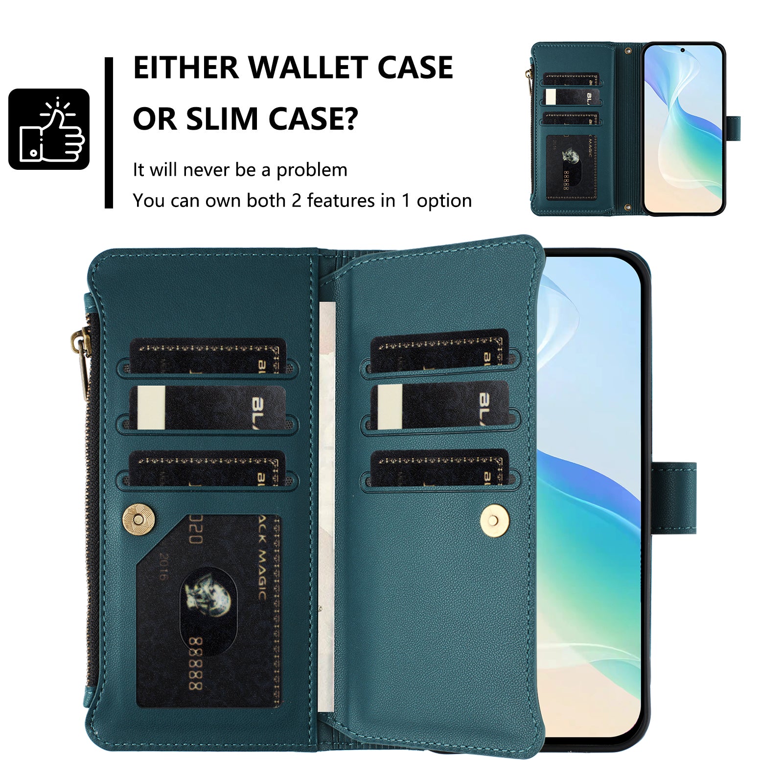 For Xiaomi Redmi Note 15 Pro 4G (Global) Leather Case 9 Card Slots Zipper Wallet Stand Phone Cover with Wrist Strap - Dark Green