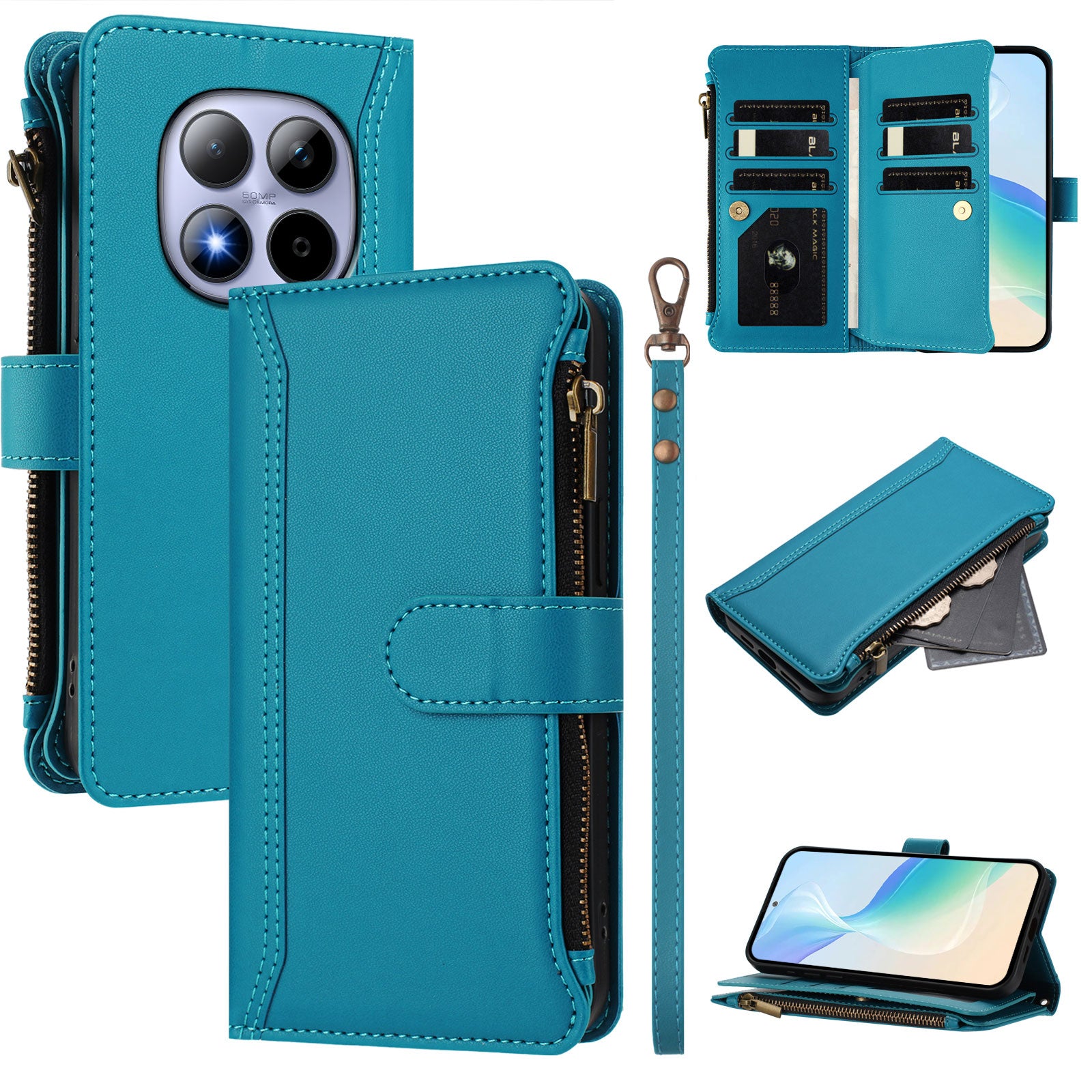 For Xiaomi Redmi Note 15 Pro 4G (Global) Leather Case 9 Card Slots Zipper Wallet Stand Phone Cover with Wrist Strap - Lake Blue