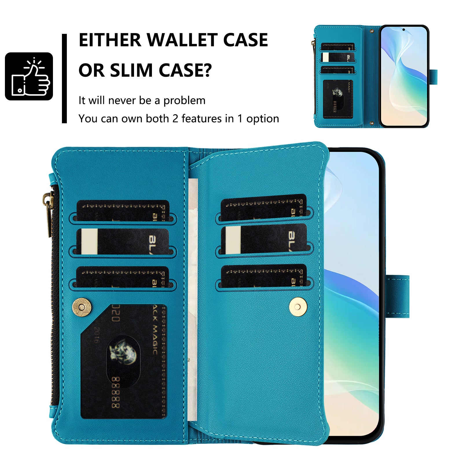 For Xiaomi Redmi Note 15 Pro 4G (Global) Leather Case 9 Card Slots Zipper Wallet Stand Phone Cover with Wrist Strap - Lake Blue