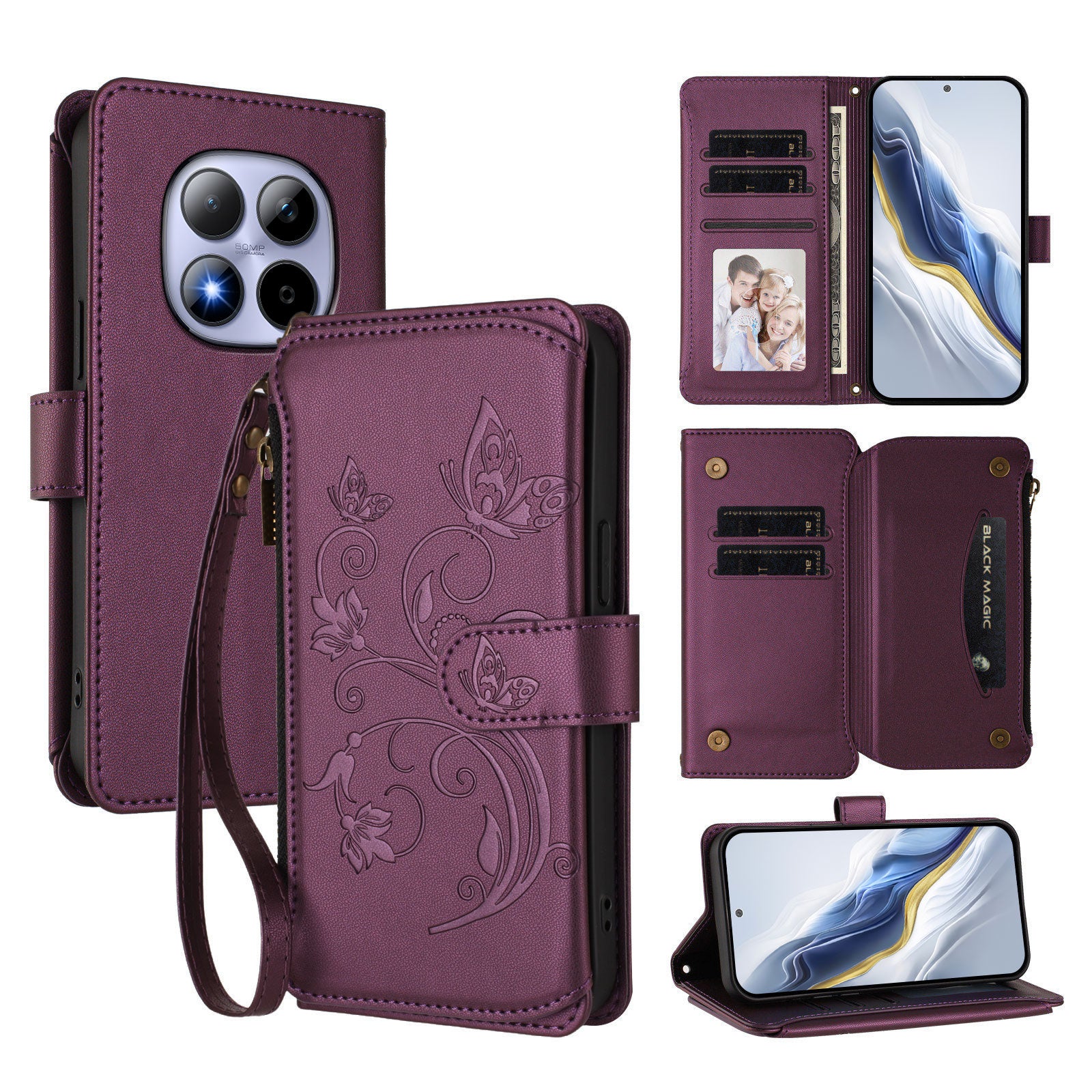 For Xiaomi Redmi Note 15 Pro 4G (Global) Leather Case Butterfly Floral Imprint Zipper Wallet Stand Cover with Wrist Strap - Purple