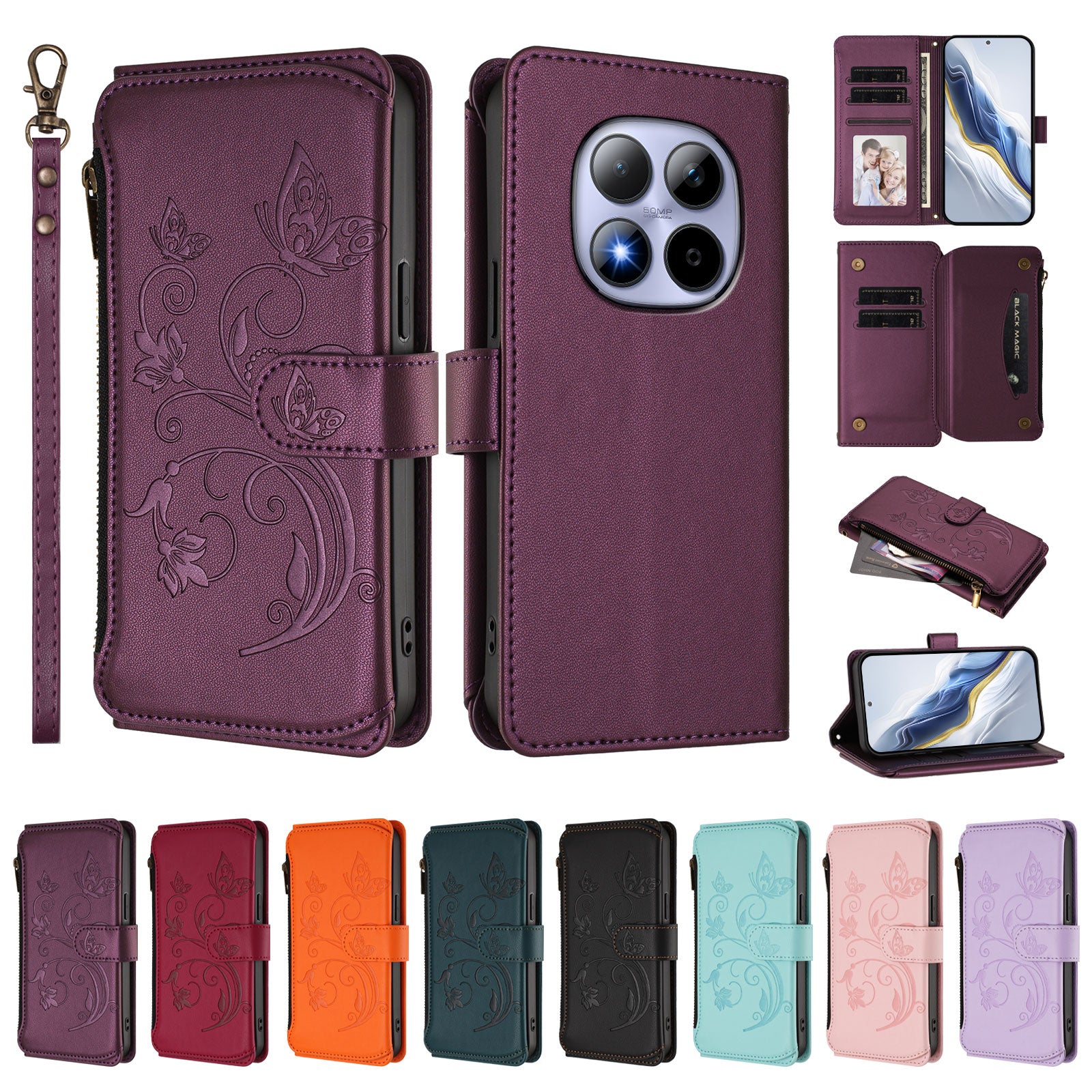 For Xiaomi Redmi Note 15 Pro 4G (Global) Leather Case Butterfly Floral Imprint Zipper Wallet Stand Cover with Wrist Strap - Purple