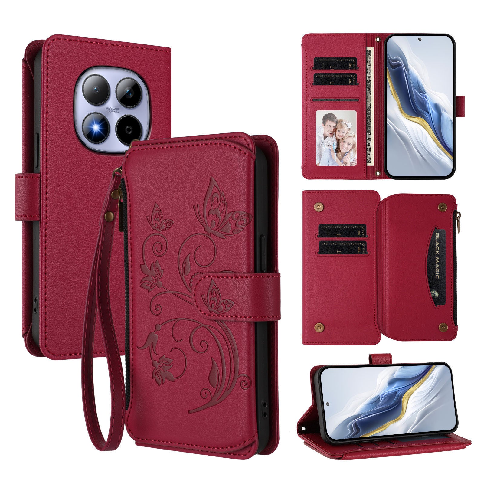 For Xiaomi Redmi Note 15 Pro 4G (Global) Leather Case Butterfly Floral Imprint Zipper Wallet Stand Cover with Wrist Strap - Wine Red