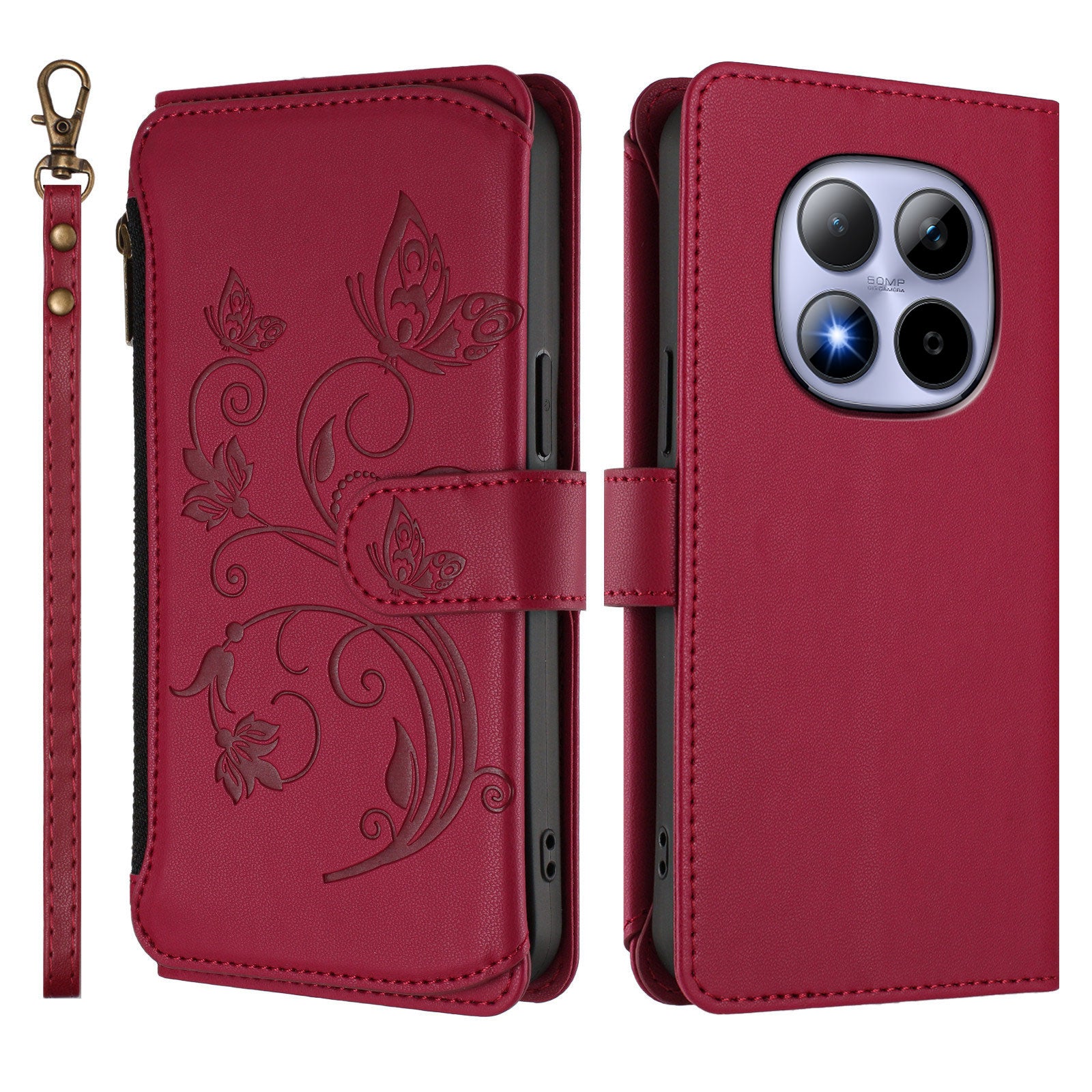 For Xiaomi Redmi Note 15 Pro 4G (Global) Leather Case Butterfly Floral Imprint Zipper Wallet Stand Cover with Wrist Strap - Wine Red