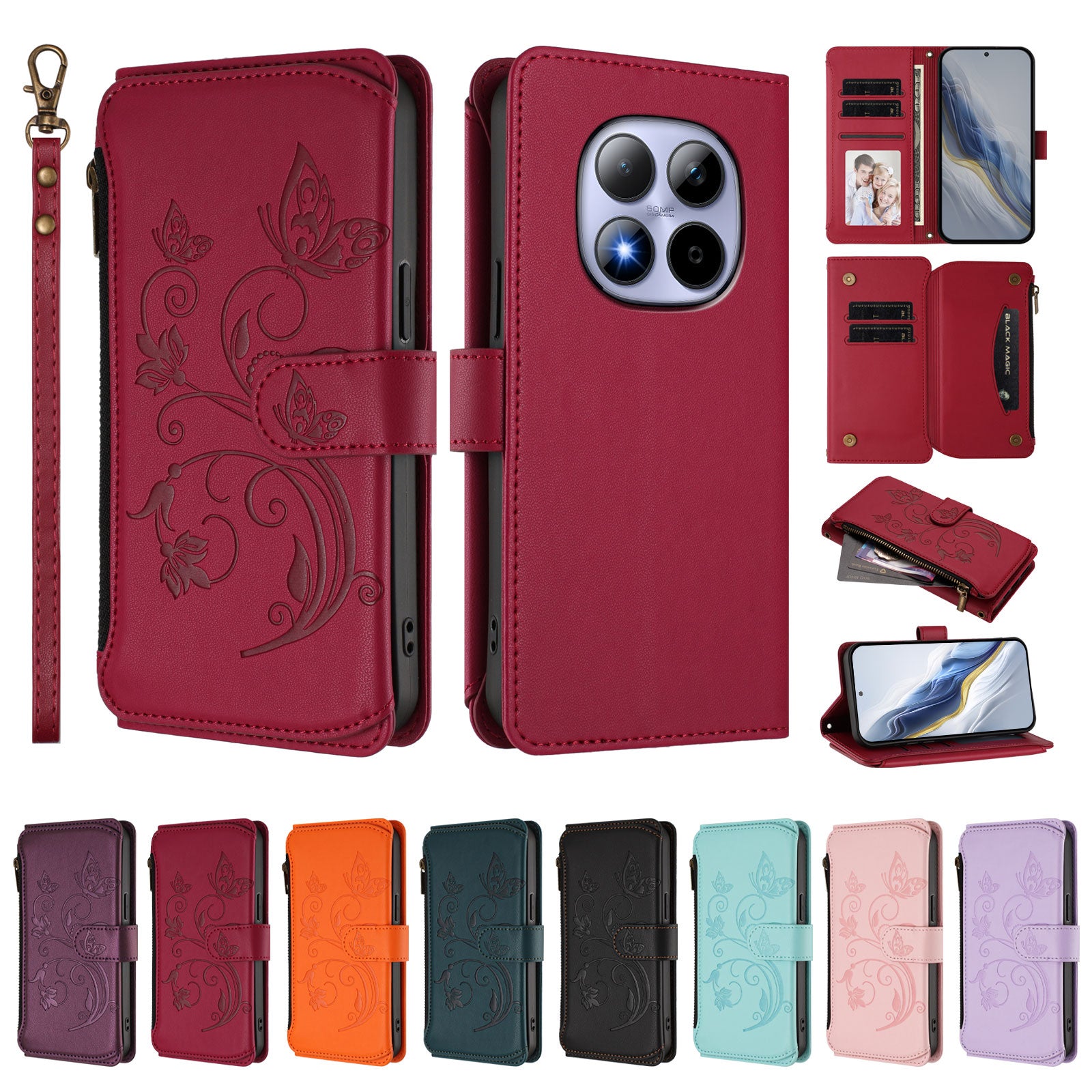 For Xiaomi Redmi Note 15 Pro 4G (Global) Leather Case Butterfly Floral Imprint Zipper Wallet Stand Cover with Wrist Strap - Wine Red