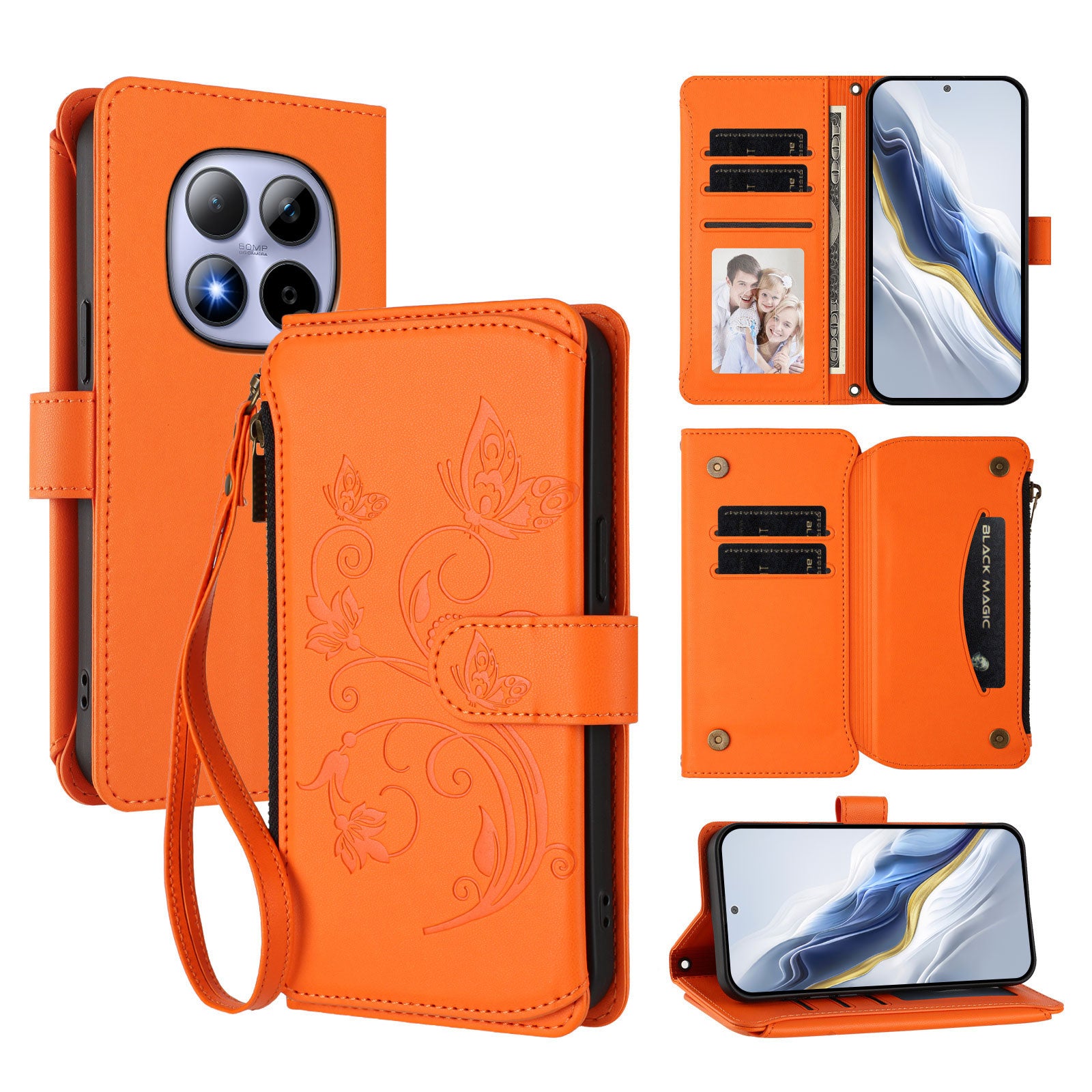 For Xiaomi Redmi Note 15 Pro 4G (Global) Leather Case Butterfly Floral Imprint Zipper Wallet Stand Cover with Wrist Strap - Orange