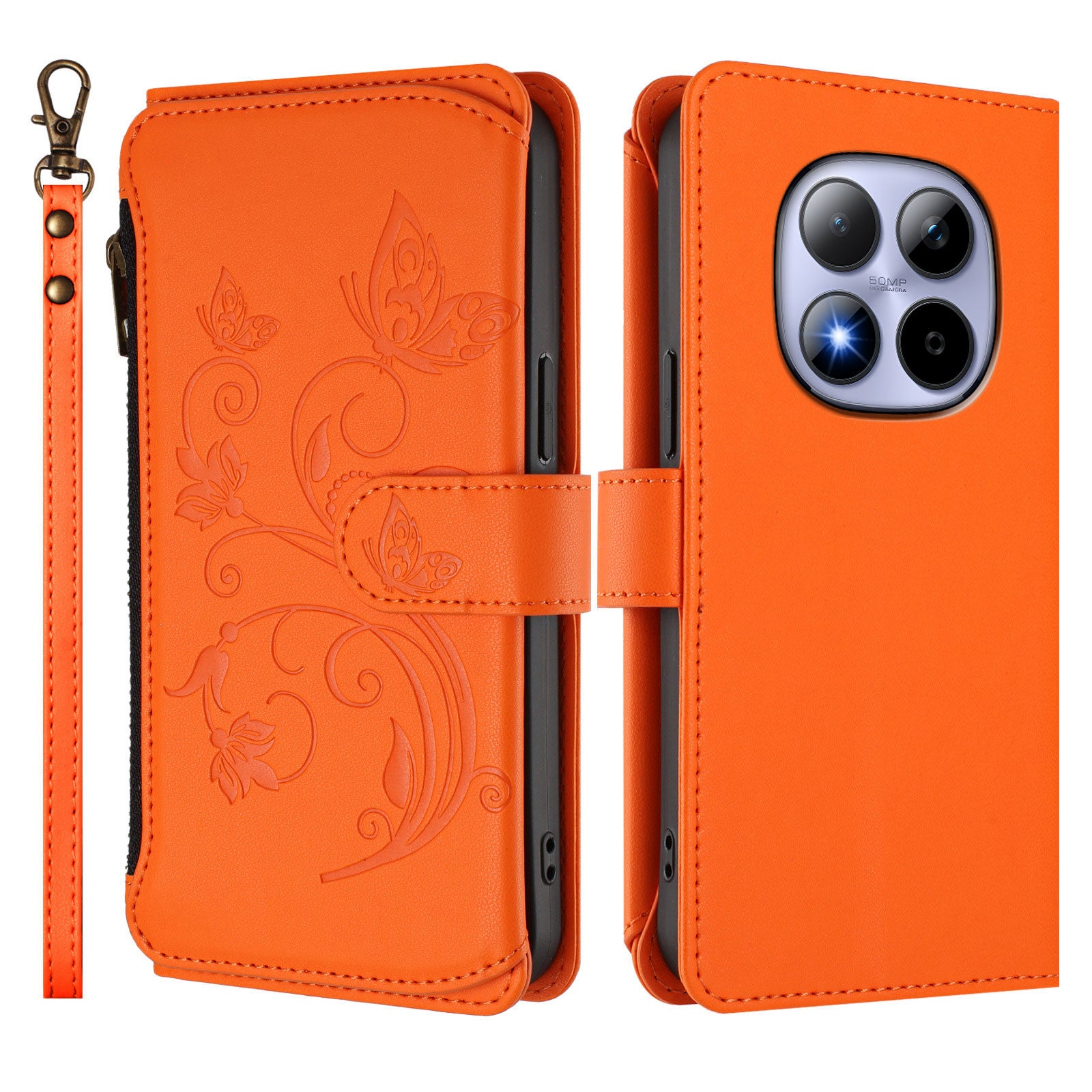 For Xiaomi Redmi Note 15 Pro 4G (Global) Leather Case Butterfly Floral Imprint Zipper Wallet Stand Cover with Wrist Strap - Orange