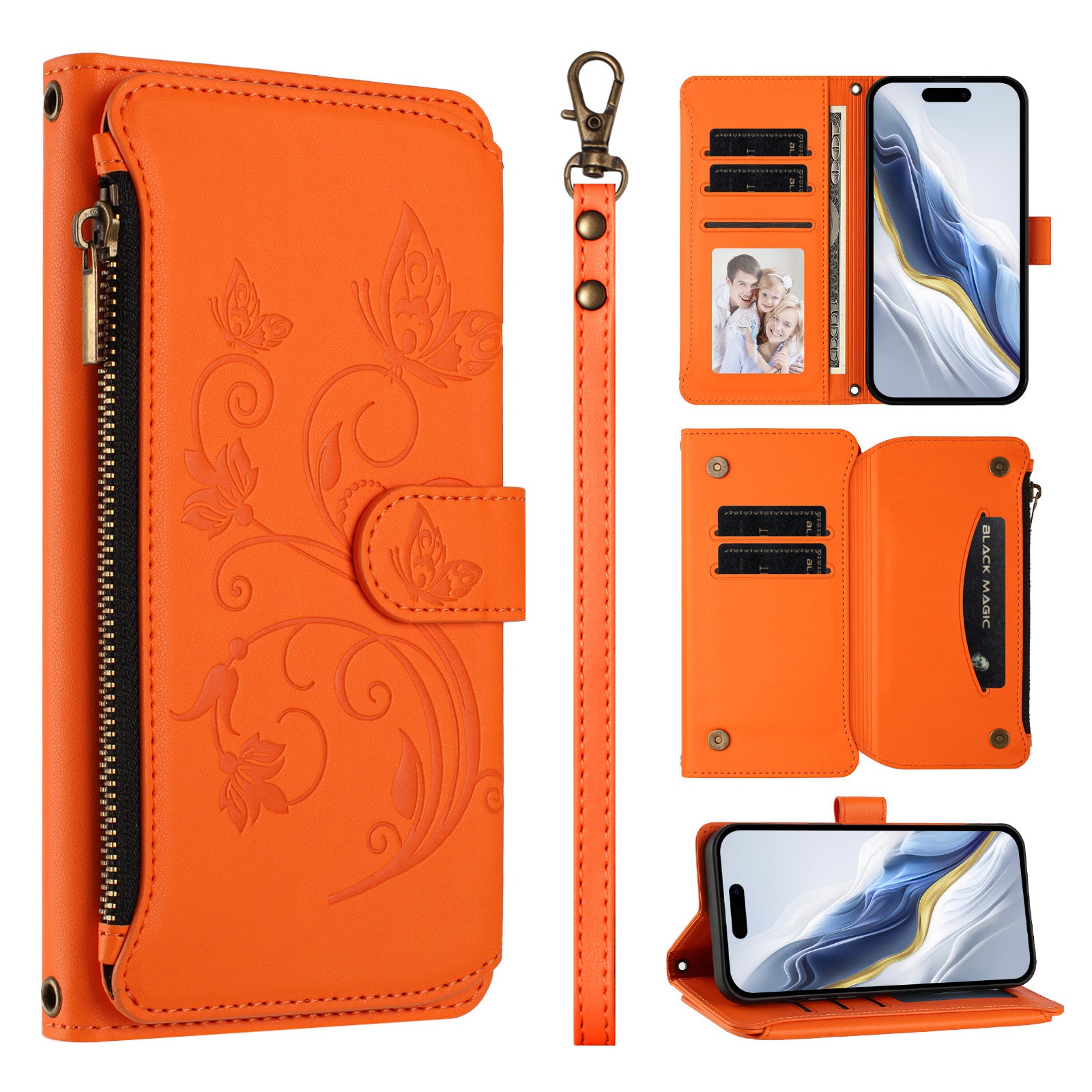 For Xiaomi Redmi Note 15 Pro 4G (Global) Leather Case Butterfly Floral Imprint Zipper Wallet Stand Cover with Wrist Strap - Orange