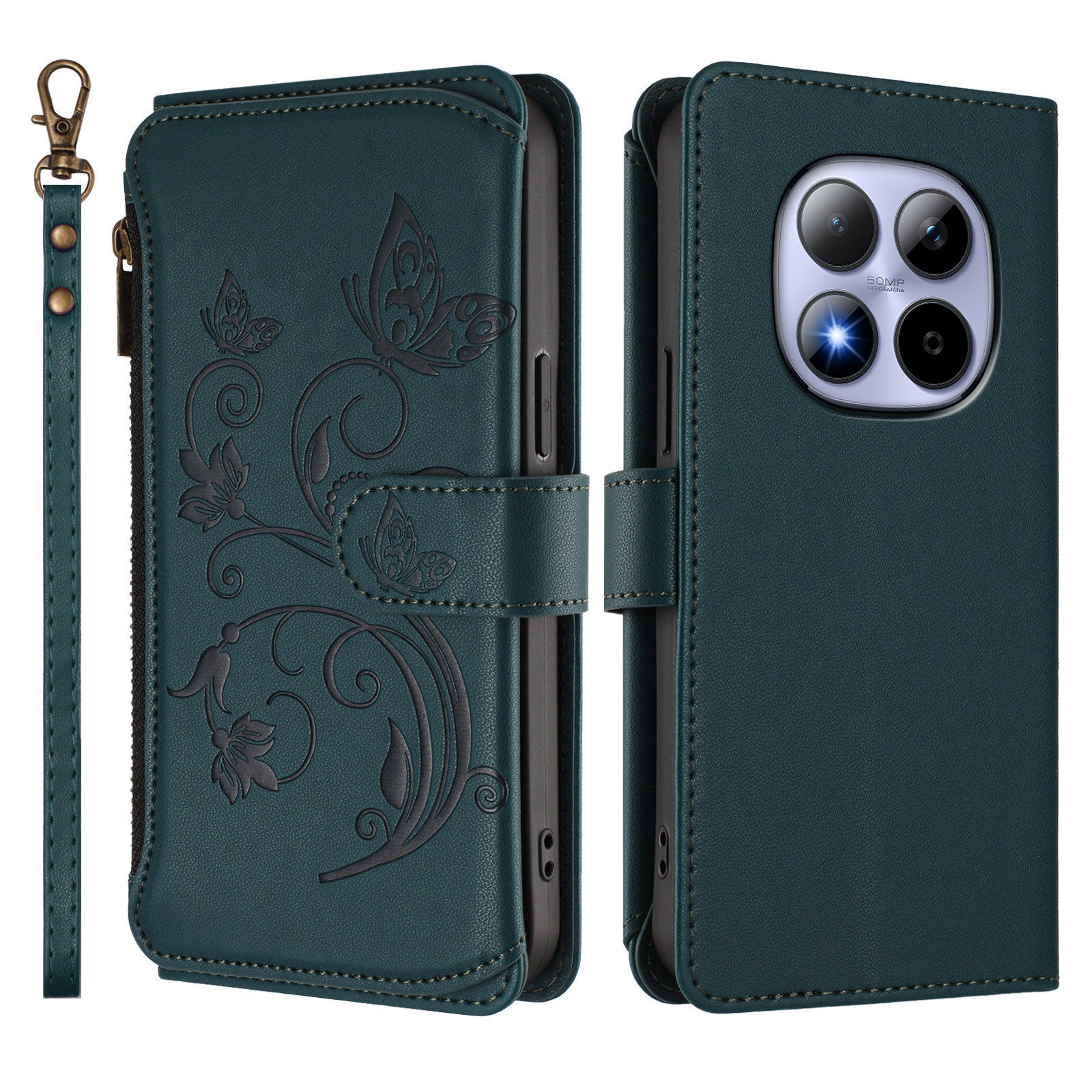 For Xiaomi Redmi Note 15 Pro 4G (Global) Leather Case Butterfly Floral Imprint Zipper Wallet Stand Cover with Wrist Strap - Green