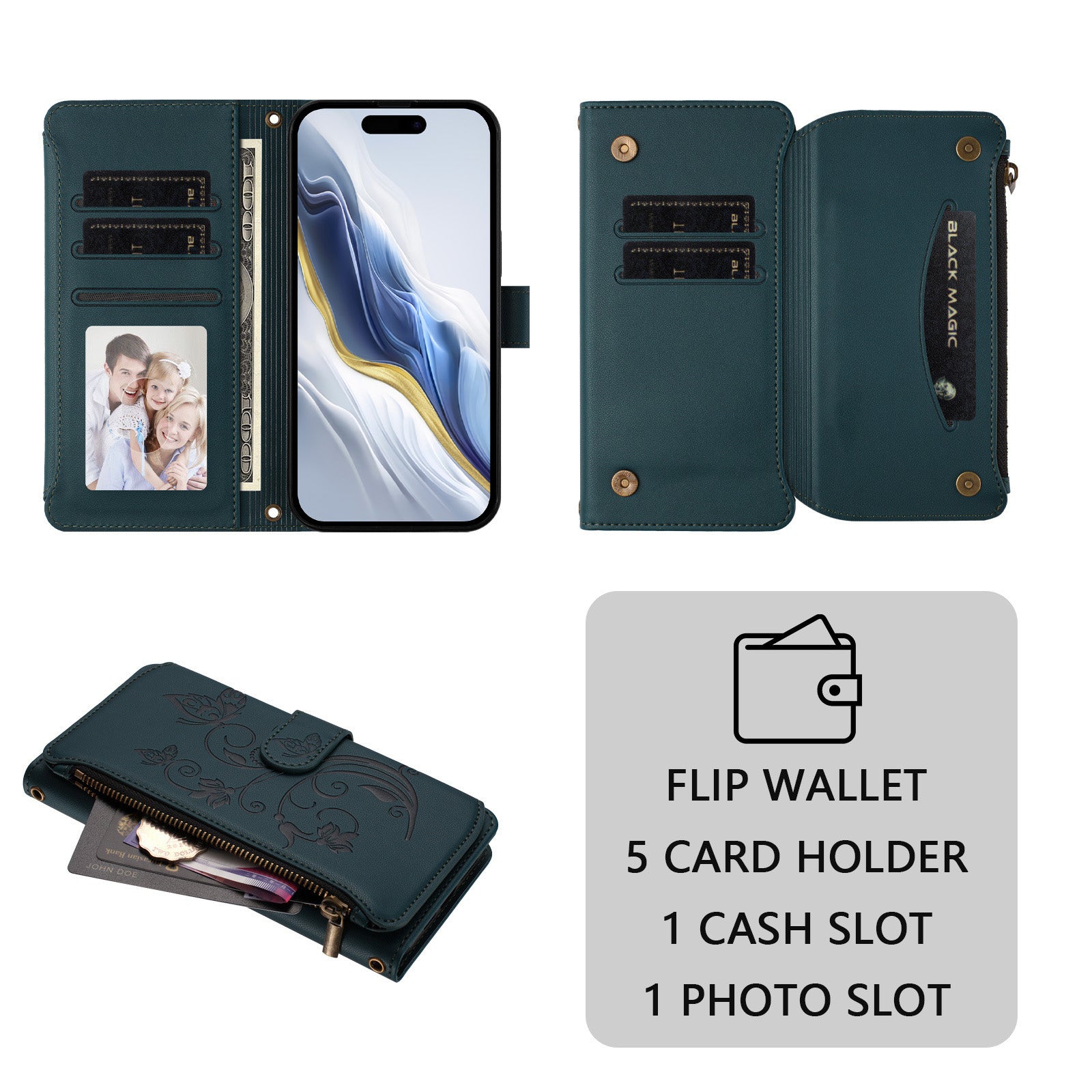 For Xiaomi Redmi Note 15 Pro 4G (Global) Leather Case Butterfly Floral Imprint Zipper Wallet Stand Cover with Wrist Strap - Green