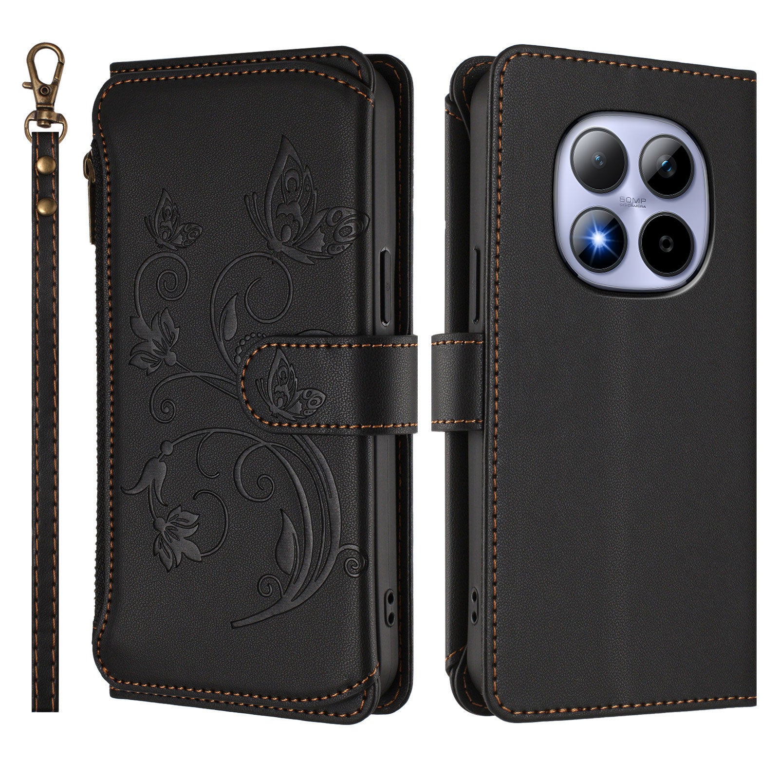 For Xiaomi Redmi Note 15 Pro 4G (Global) Leather Case Butterfly Floral Imprint Zipper Wallet Stand Cover with Wrist Strap - Black