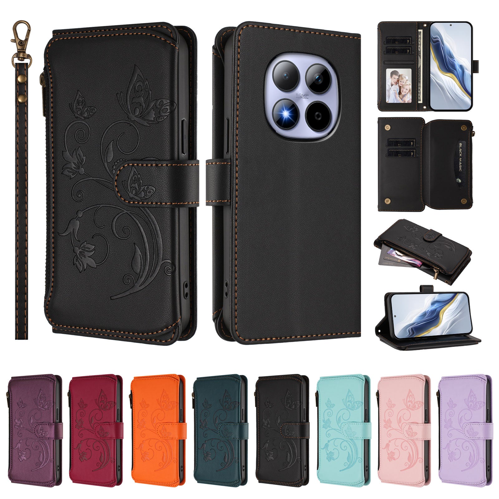 For Xiaomi Redmi Note 15 Pro 4G (Global) Leather Case Butterfly Floral Imprint Zipper Wallet Stand Cover with Wrist Strap - Black