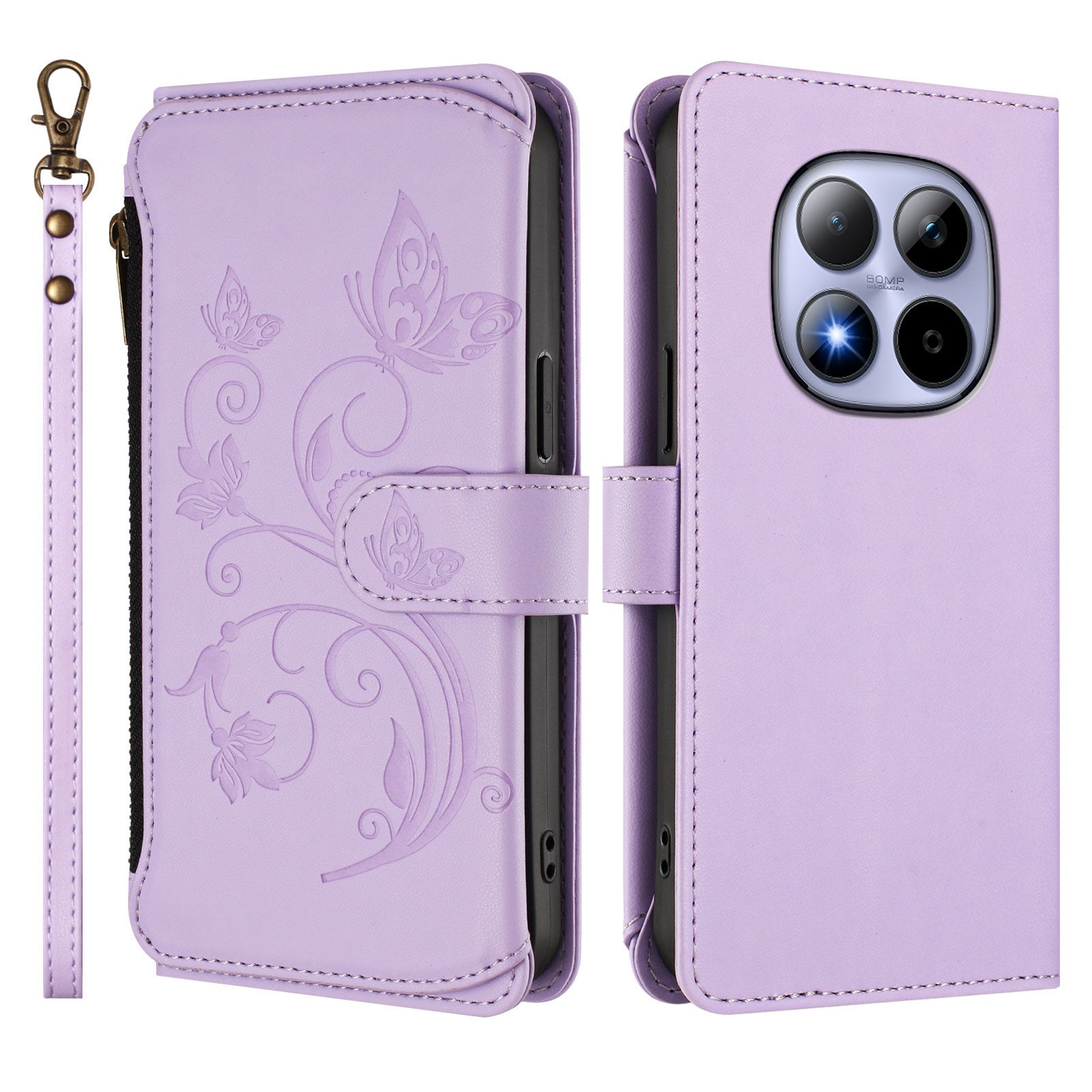 For Xiaomi Redmi Note 15 Pro 4G (Global) Leather Case Butterfly Floral Imprint Zipper Wallet Stand Cover with Wrist Strap - Light Purple
