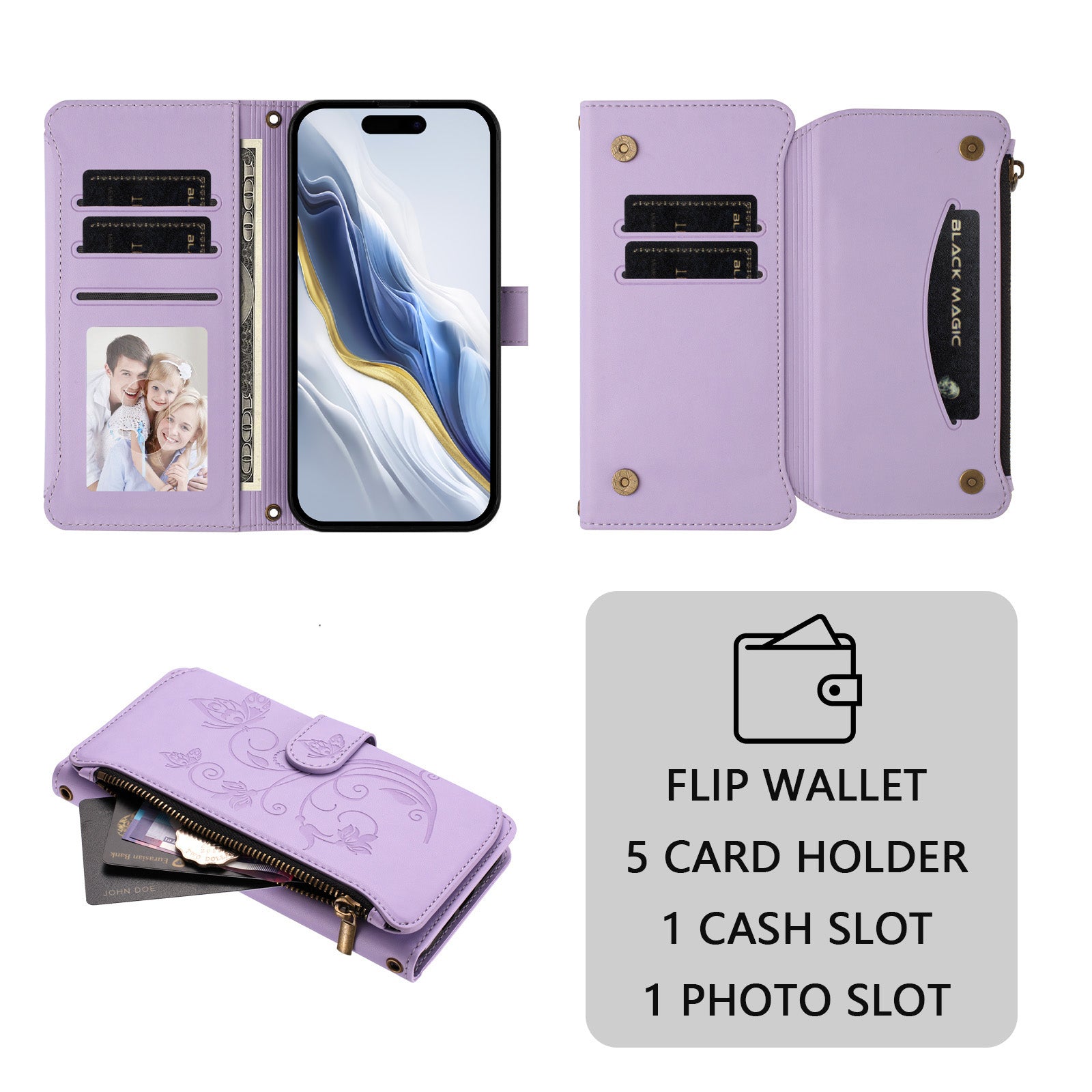 For Xiaomi Redmi Note 15 Pro 4G (Global) Leather Case Butterfly Floral Imprint Zipper Wallet Stand Cover with Wrist Strap - Light Purple