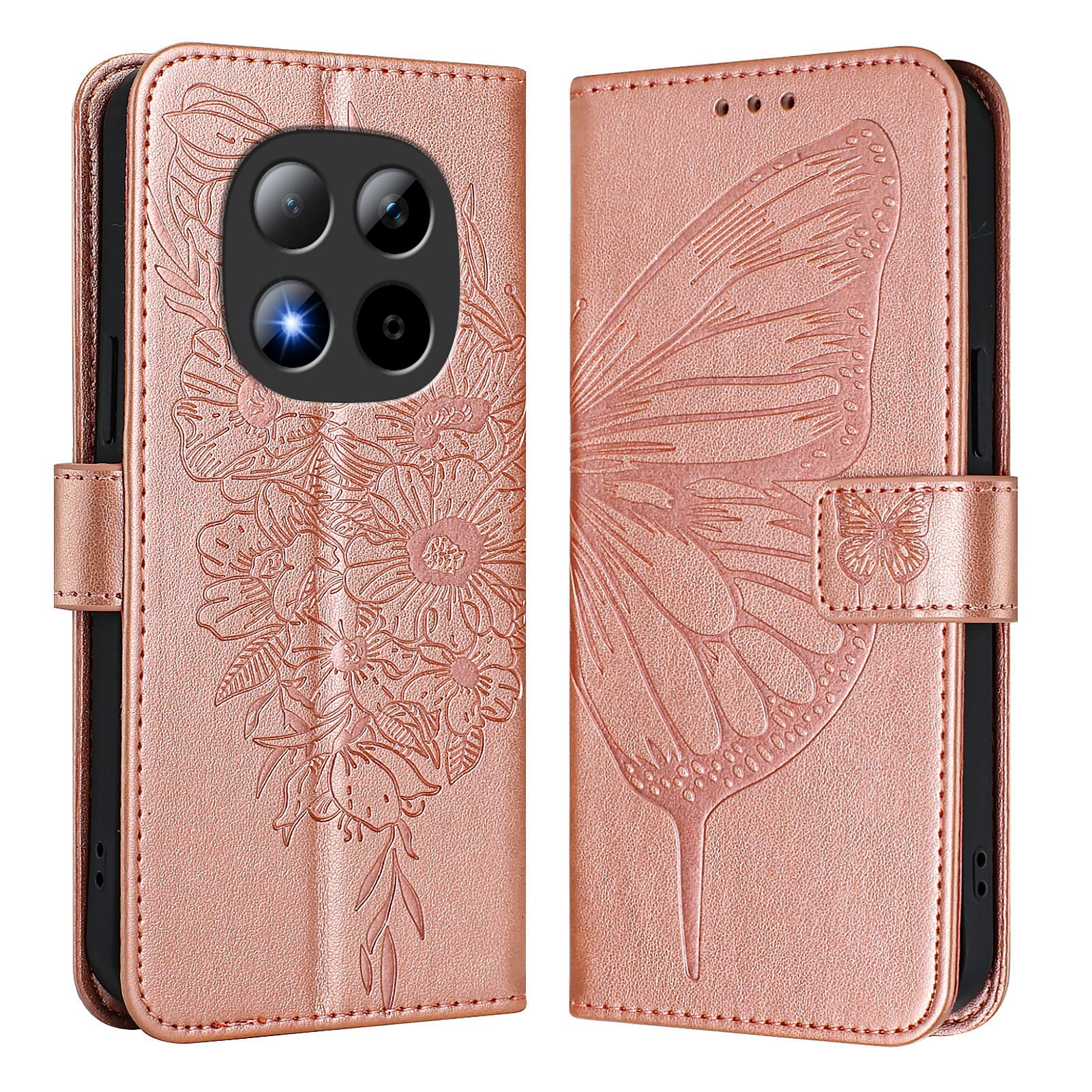 For Xiaomi Redmi Note 15 Pro 5G (Global) Wallet Case with Wrist Strap Butterfly Imprint Leather Phone Cover - Rose Gold
