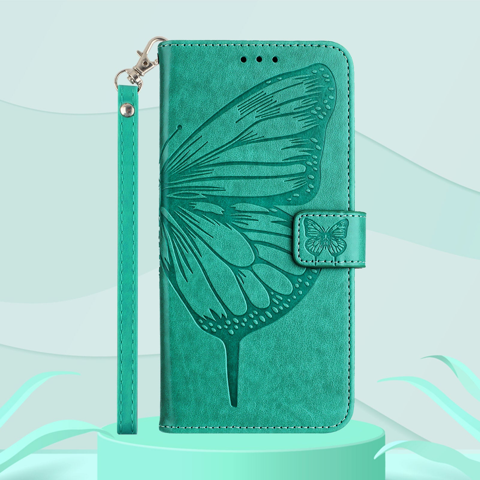 For Xiaomi Redmi Note 15 Pro 5G (Global) Wallet Case with Wrist Strap Butterfly Imprint Leather Phone Cover - Green