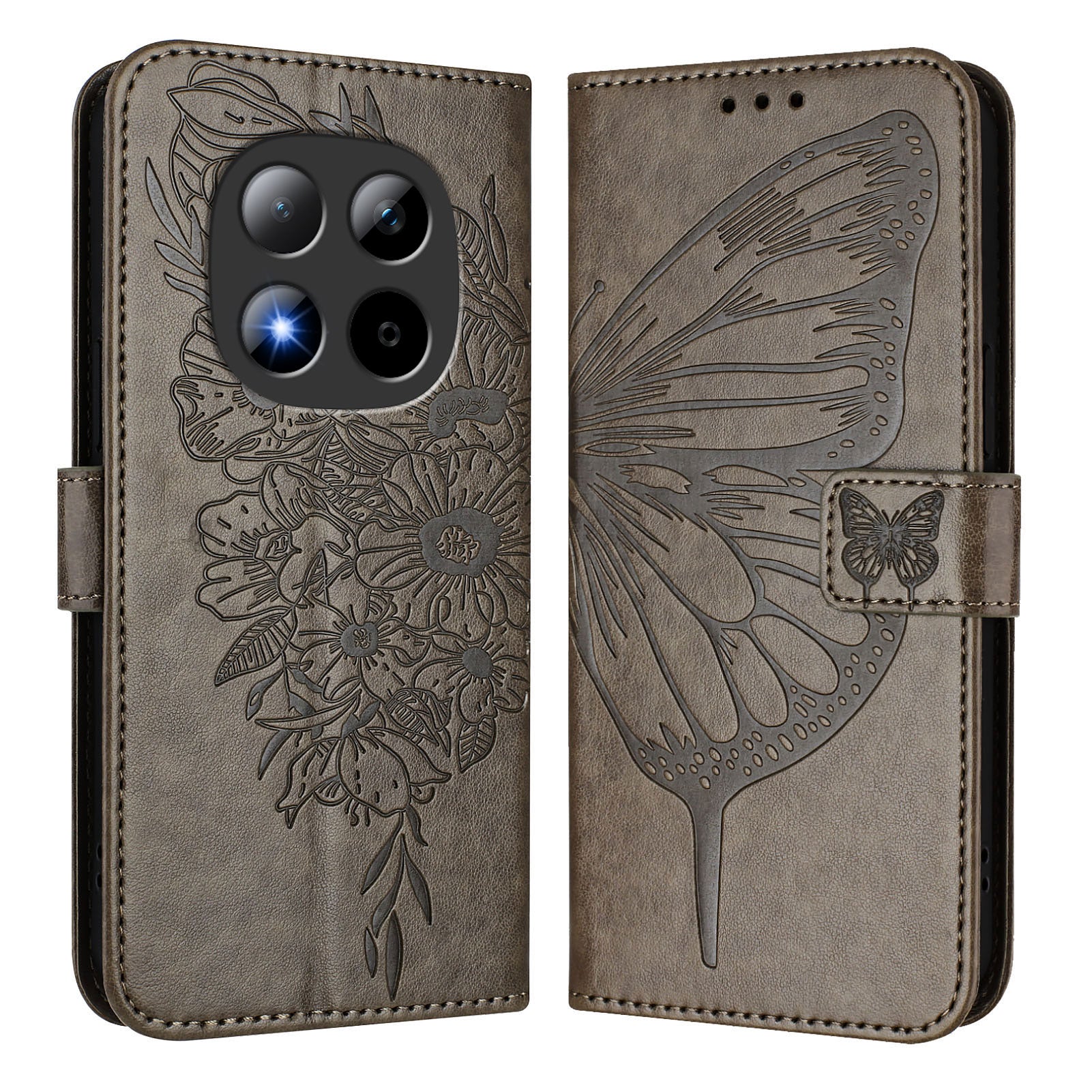For Xiaomi Redmi Note 15 Pro 5G (Global) Wallet Case with Wrist Strap Butterfly Imprint Leather Phone Cover - Grey