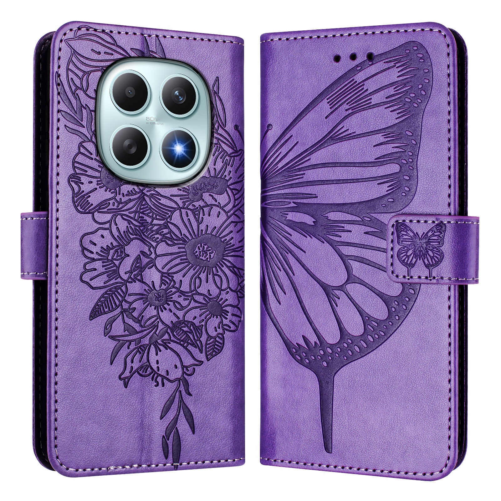 For Xiaomi Poco M8 5G / Redmi Note 15 5G (Global) / 15 4G (Global) Wallet Case with Wrist Strap Butterfly Imprint Leather Phone Cover - Purple
