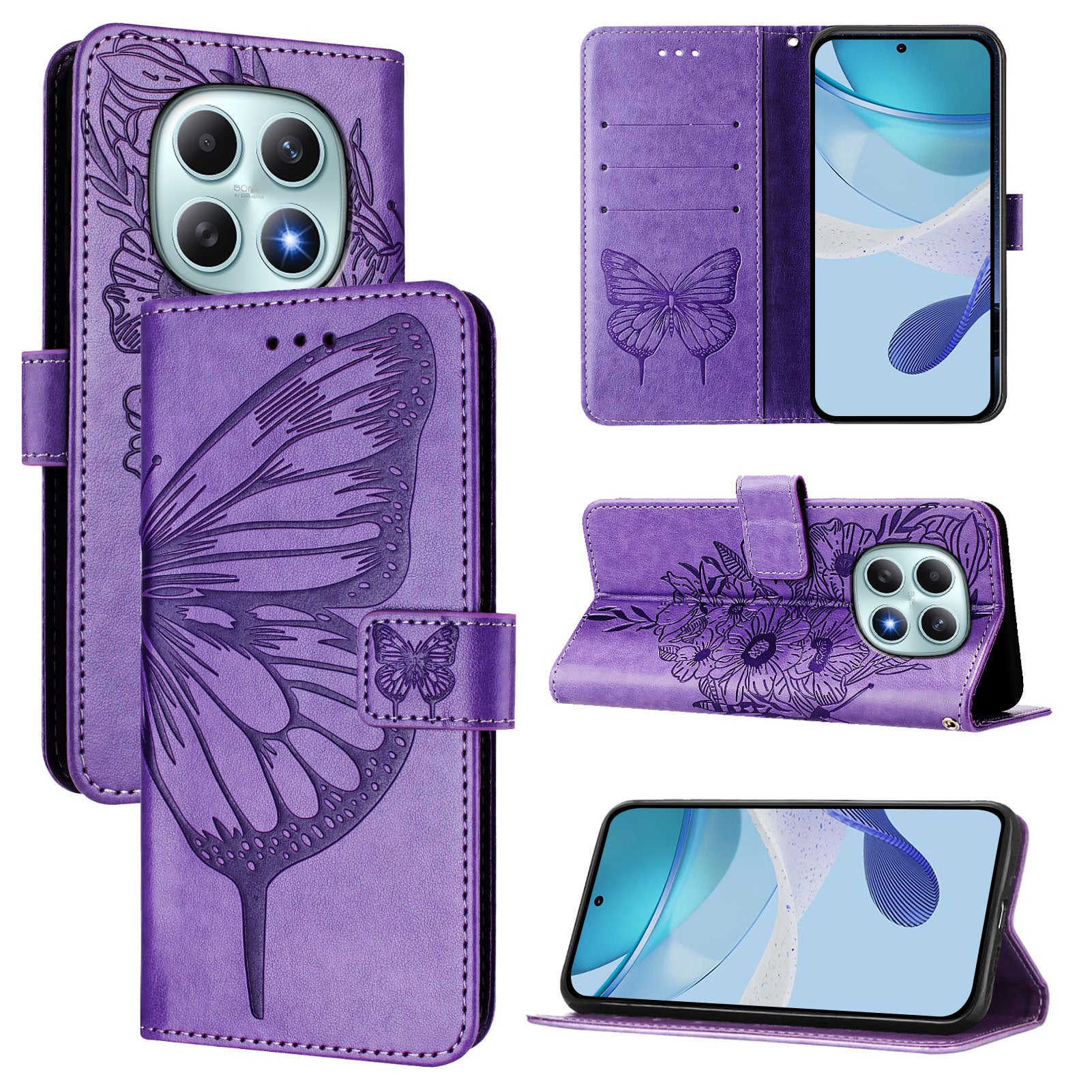 For Xiaomi Poco M8 5G / Redmi Note 15 5G (Global) / 15 4G (Global) Wallet Case with Wrist Strap Butterfly Imprint Leather Phone Cover - Purple