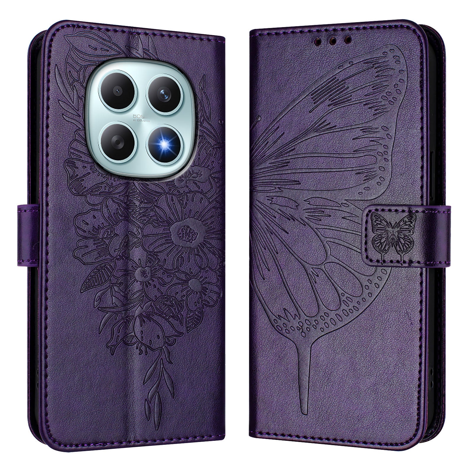 For Xiaomi Poco M8 5G / Redmi Note 15 5G (Global) / 15 4G (Global) Wallet Case with Wrist Strap Butterfly Imprint Leather Phone Cover - Dark Purple