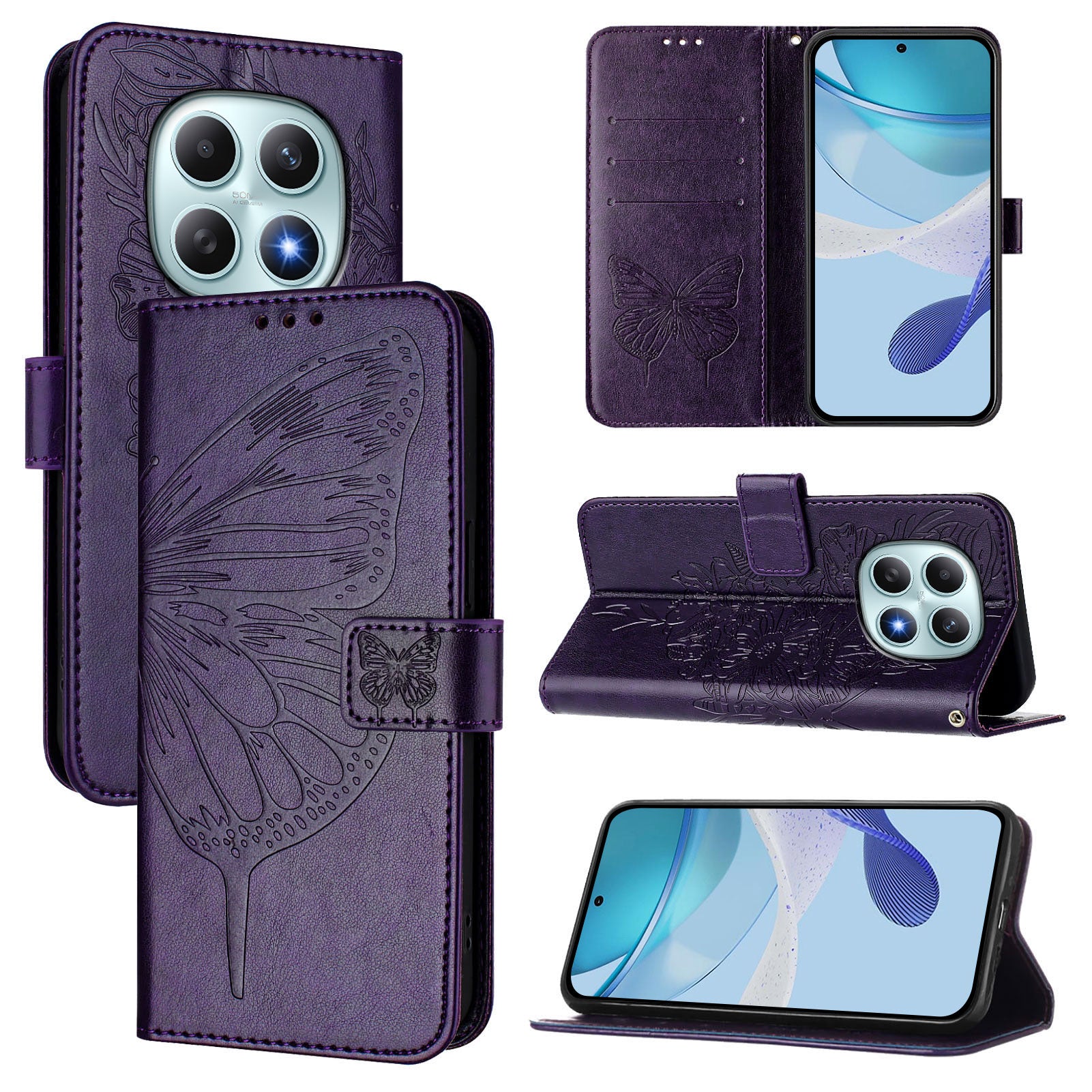 For Xiaomi Poco M8 5G / Redmi Note 15 5G (Global) / 15 4G (Global) Wallet Case with Wrist Strap Butterfly Imprint Leather Phone Cover - Dark Purple