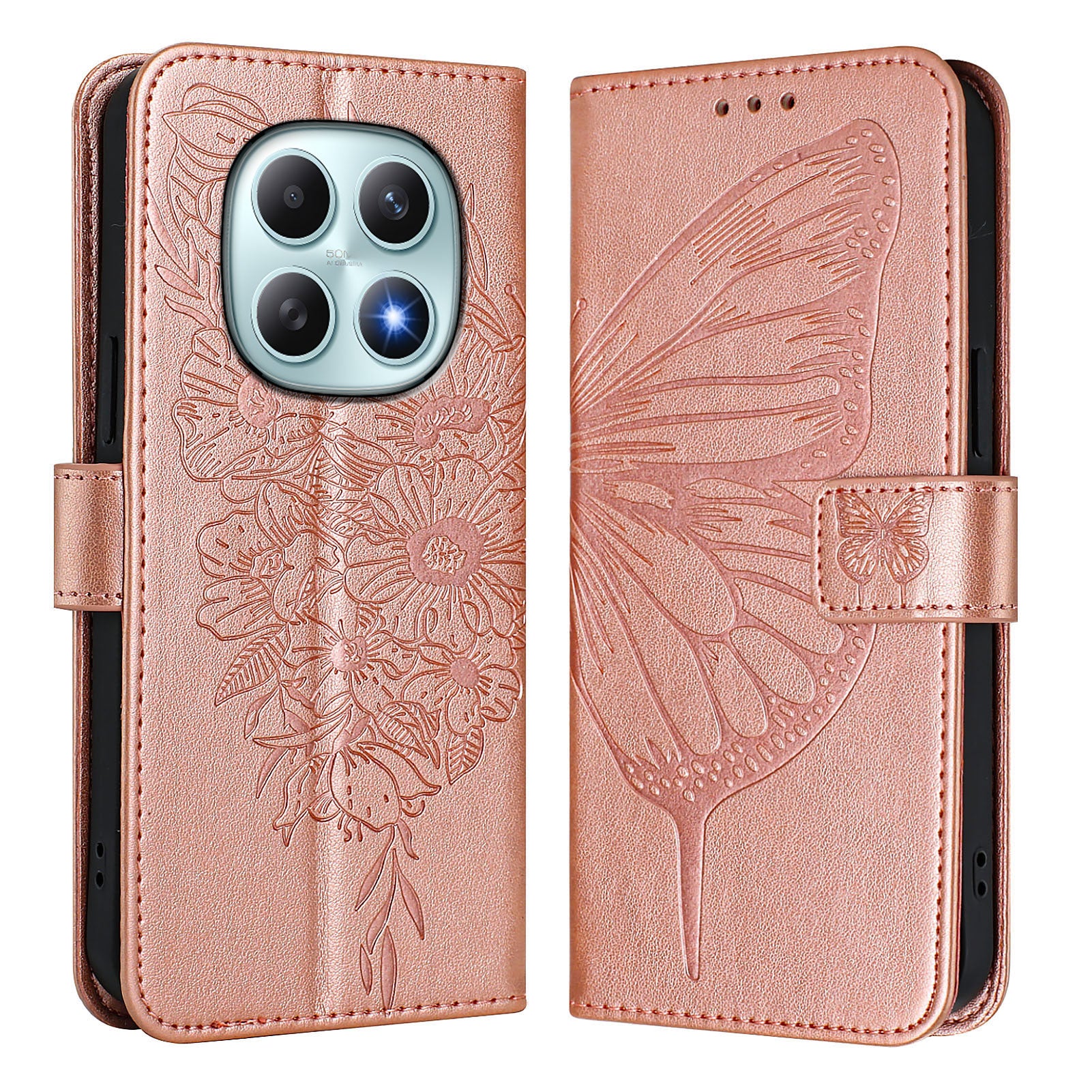 For Xiaomi Poco M8 5G / Redmi Note 15 5G (Global) / 15 4G (Global) Wallet Case with Wrist Strap Butterfly Imprint Leather Phone Cover - Rose Gold