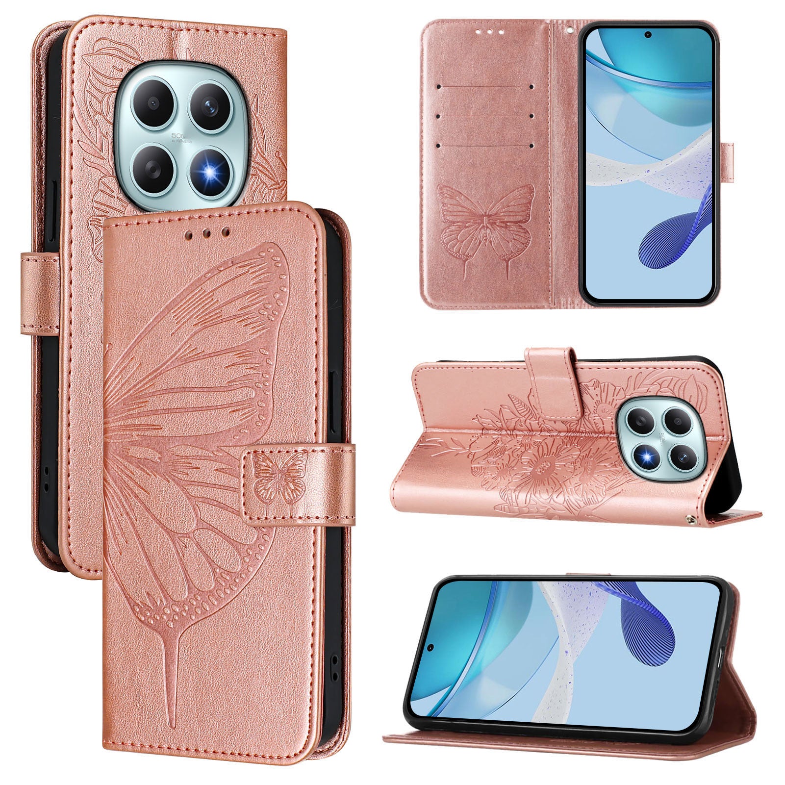 For Xiaomi Poco M8 5G / Redmi Note 15 5G (Global) / 15 4G (Global) Wallet Case with Wrist Strap Butterfly Imprint Leather Phone Cover - Rose Gold