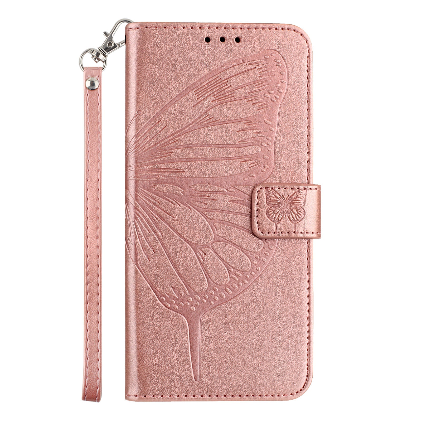 For Xiaomi Poco M8 5G / Redmi Note 15 5G (Global) / 15 4G (Global) Wallet Case with Wrist Strap Butterfly Imprint Leather Phone Cover - Rose Gold