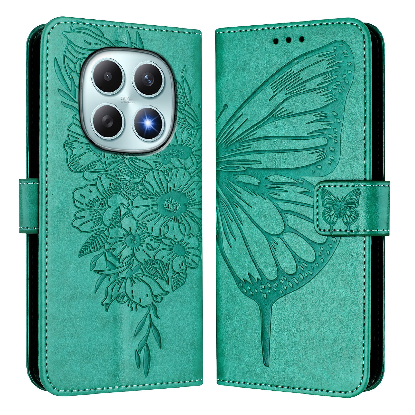 For Xiaomi Poco M8 5G / Redmi Note 15 5G (Global) / 15 4G (Global) Wallet Case with Wrist Strap Butterfly Imprint Leather Phone Cover - Green