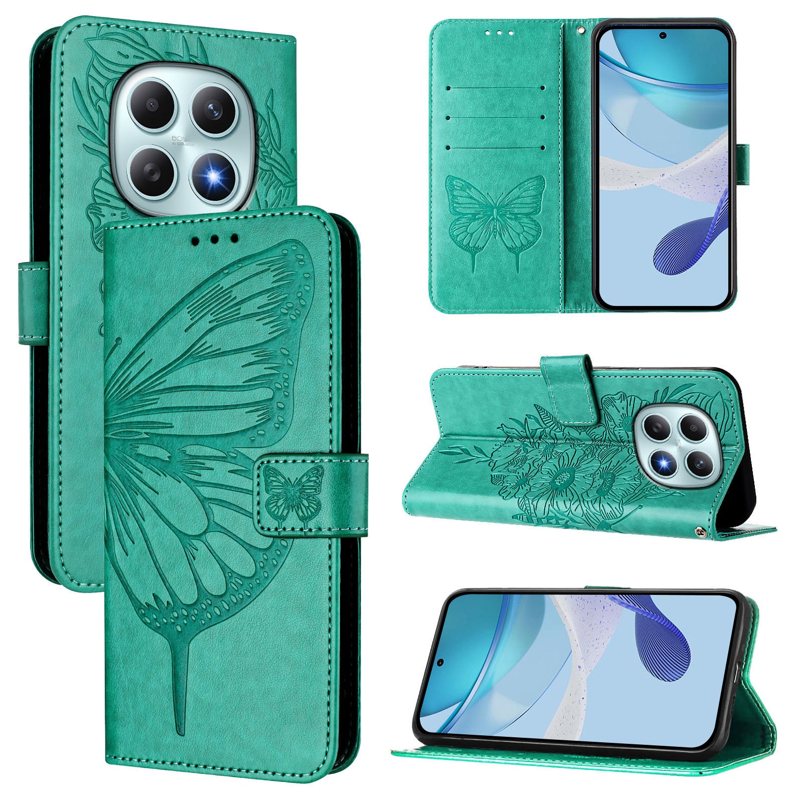 For Xiaomi Poco M8 5G / Redmi Note 15 5G (Global) / 15 4G (Global) Wallet Case with Wrist Strap Butterfly Imprint Leather Phone Cover - Green