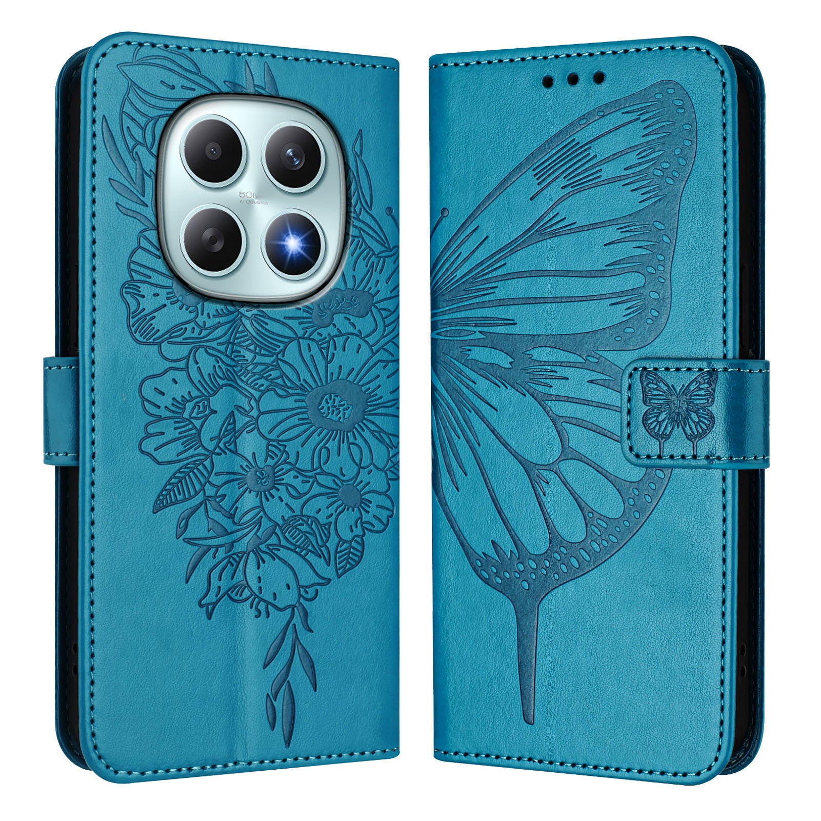 For Xiaomi Poco M8 5G / Redmi Note 15 5G (Global) / 15 4G (Global) Wallet Case with Wrist Strap Butterfly Imprint Leather Phone Cover - Blue