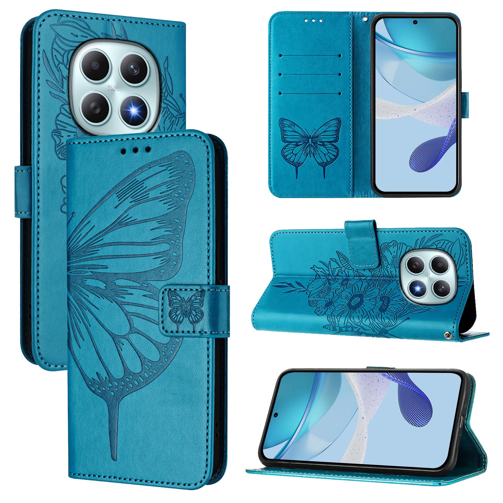 For Xiaomi Poco M8 5G / Redmi Note 15 5G (Global) / 15 4G (Global) Wallet Case with Wrist Strap Butterfly Imprint Leather Phone Cover - Blue