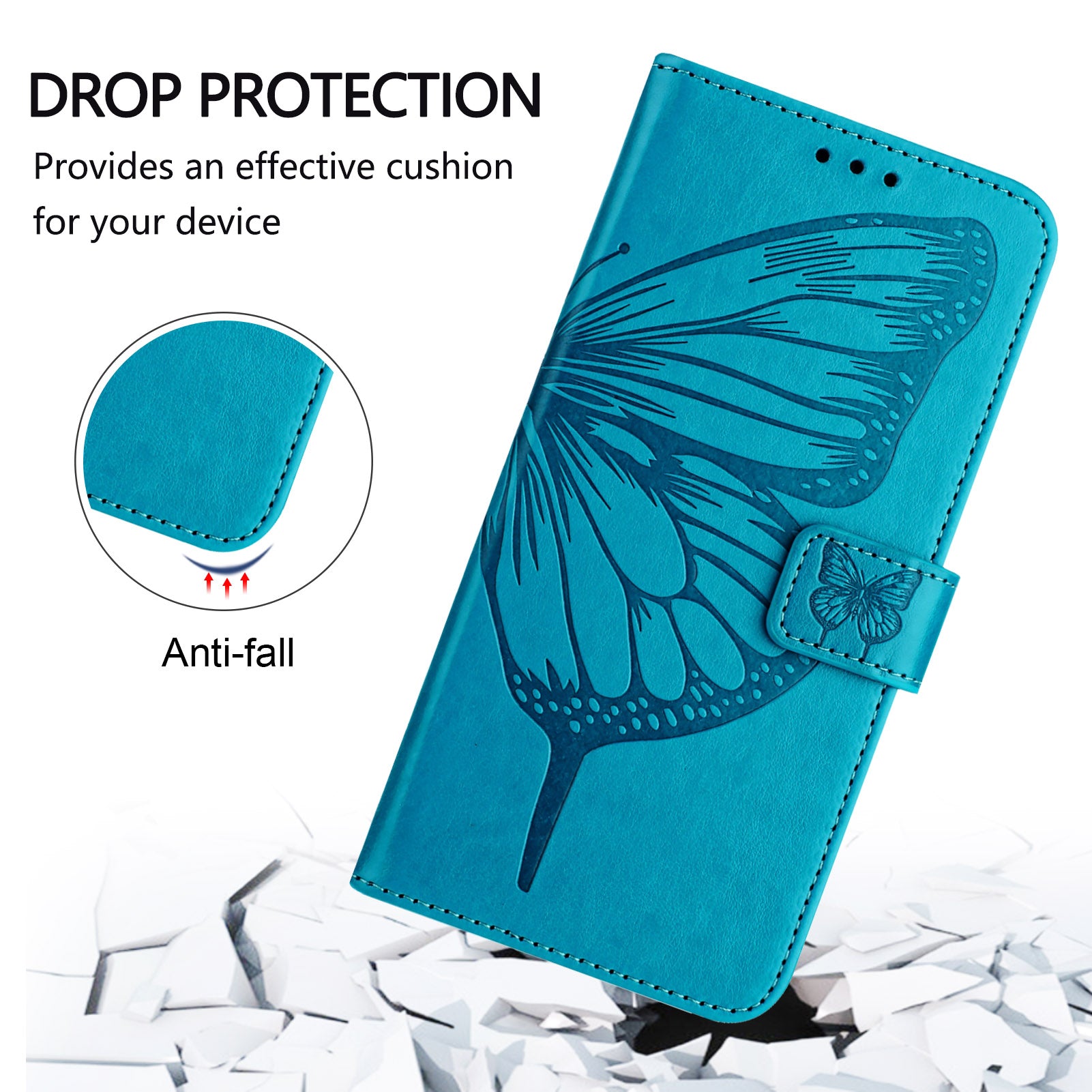 For Xiaomi Poco M8 5G / Redmi Note 15 5G (Global) / 15 4G (Global) Wallet Case with Wrist Strap Butterfly Imprint Leather Phone Cover - Blue
