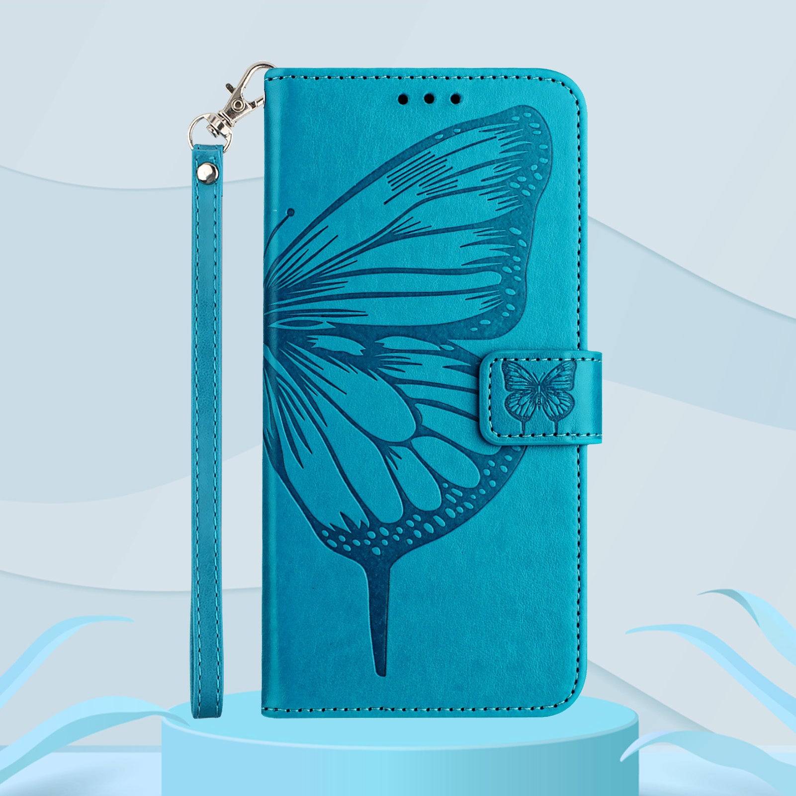 For Xiaomi Poco M8 5G / Redmi Note 15 5G (Global) / 15 4G (Global) Wallet Case with Wrist Strap Butterfly Imprint Leather Phone Cover - Blue