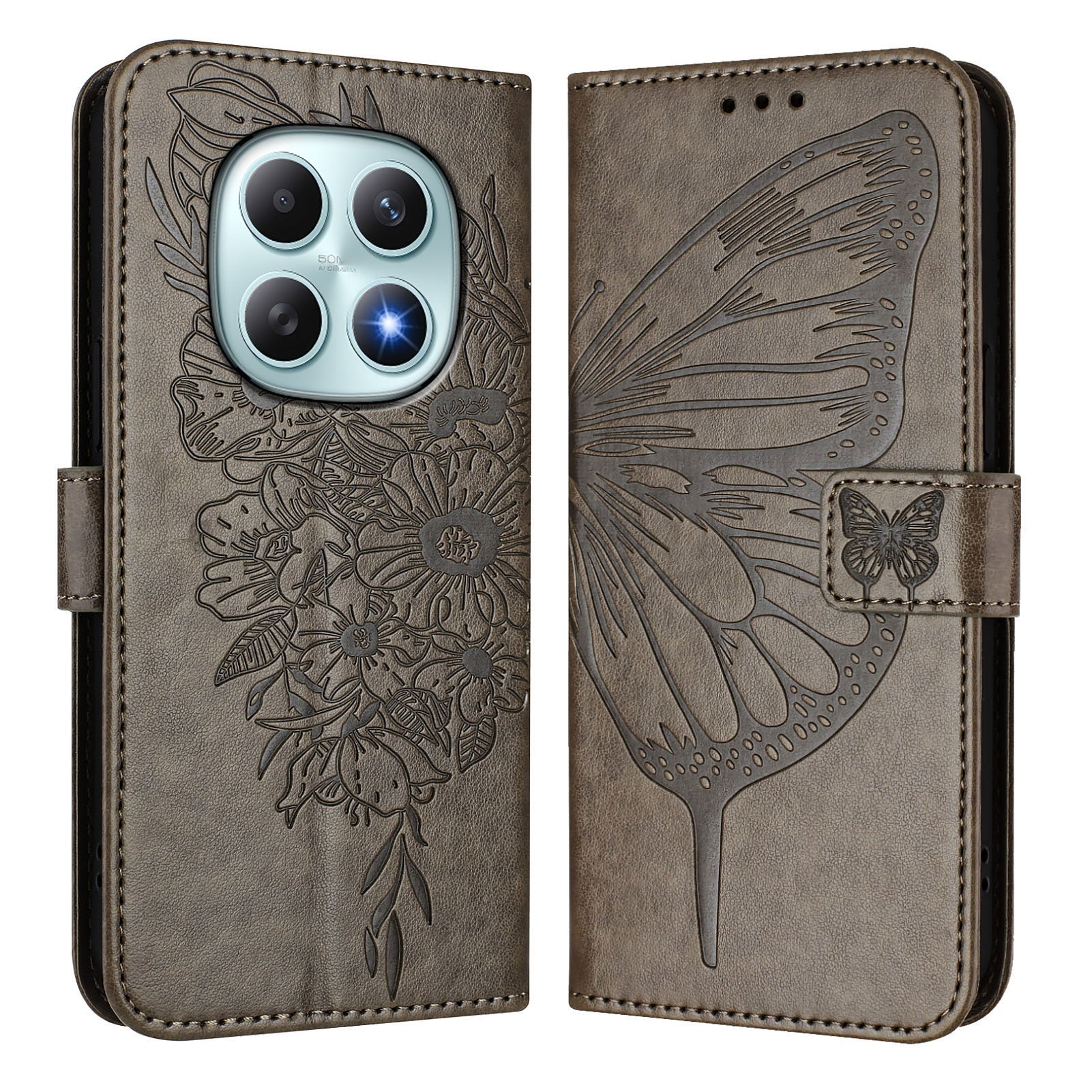 For Xiaomi Poco M8 5G / Redmi Note 15 5G (Global) / 15 4G (Global) Wallet Case with Wrist Strap Butterfly Imprint Leather Phone Cover - Grey