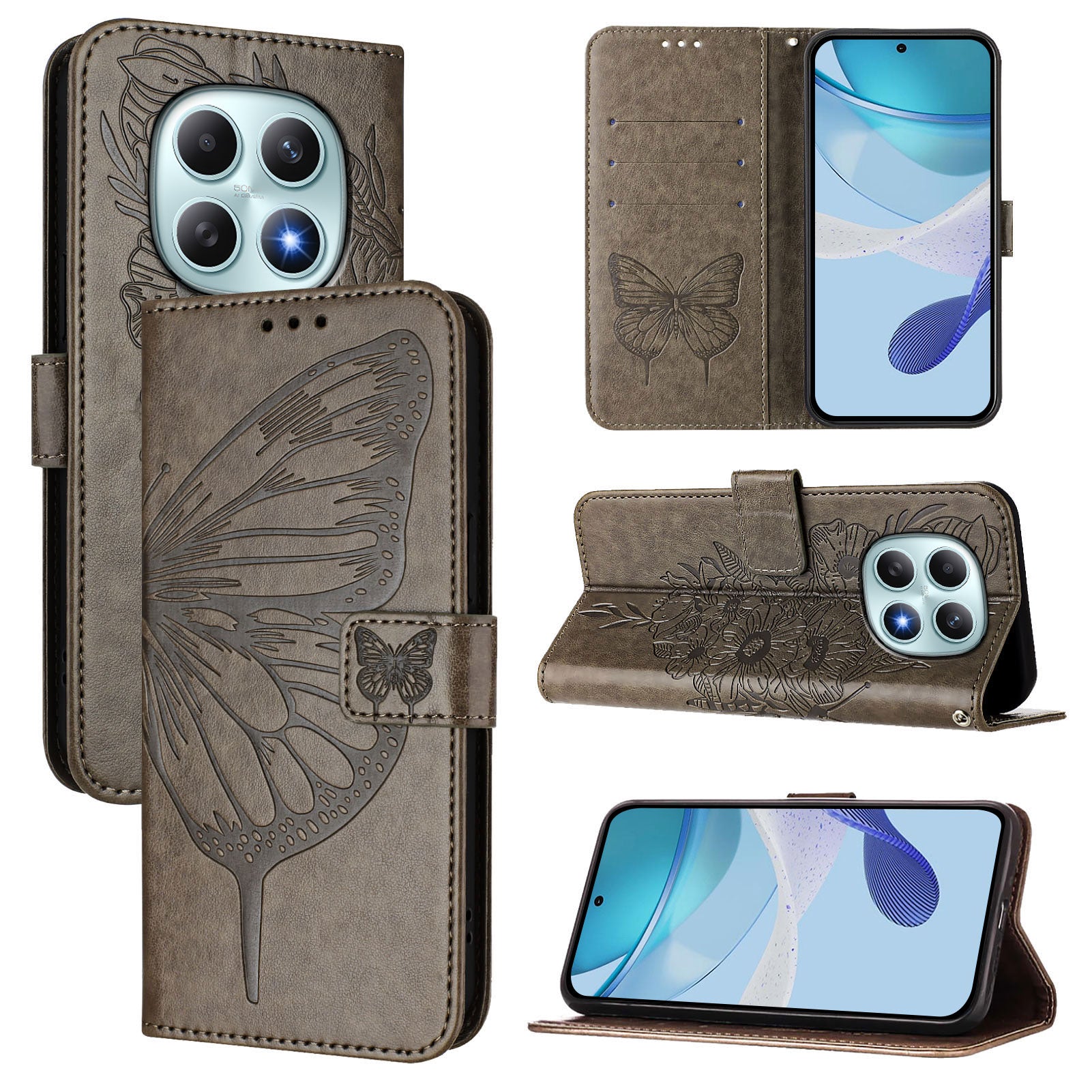 For Xiaomi Poco M8 5G / Redmi Note 15 5G (Global) / 15 4G (Global) Wallet Case with Wrist Strap Butterfly Imprint Leather Phone Cover - Grey