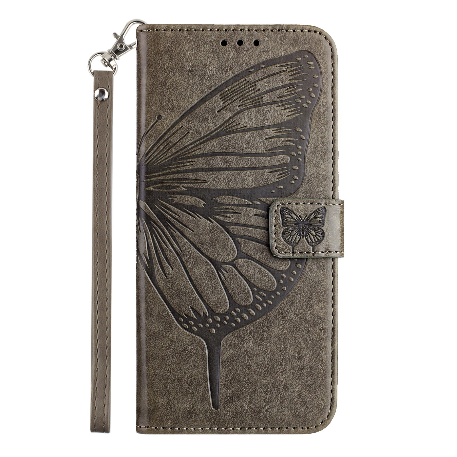 For Xiaomi Poco M8 5G / Redmi Note 15 5G (Global) / 15 4G (Global) Wallet Case with Wrist Strap Butterfly Imprint Leather Phone Cover - Grey
