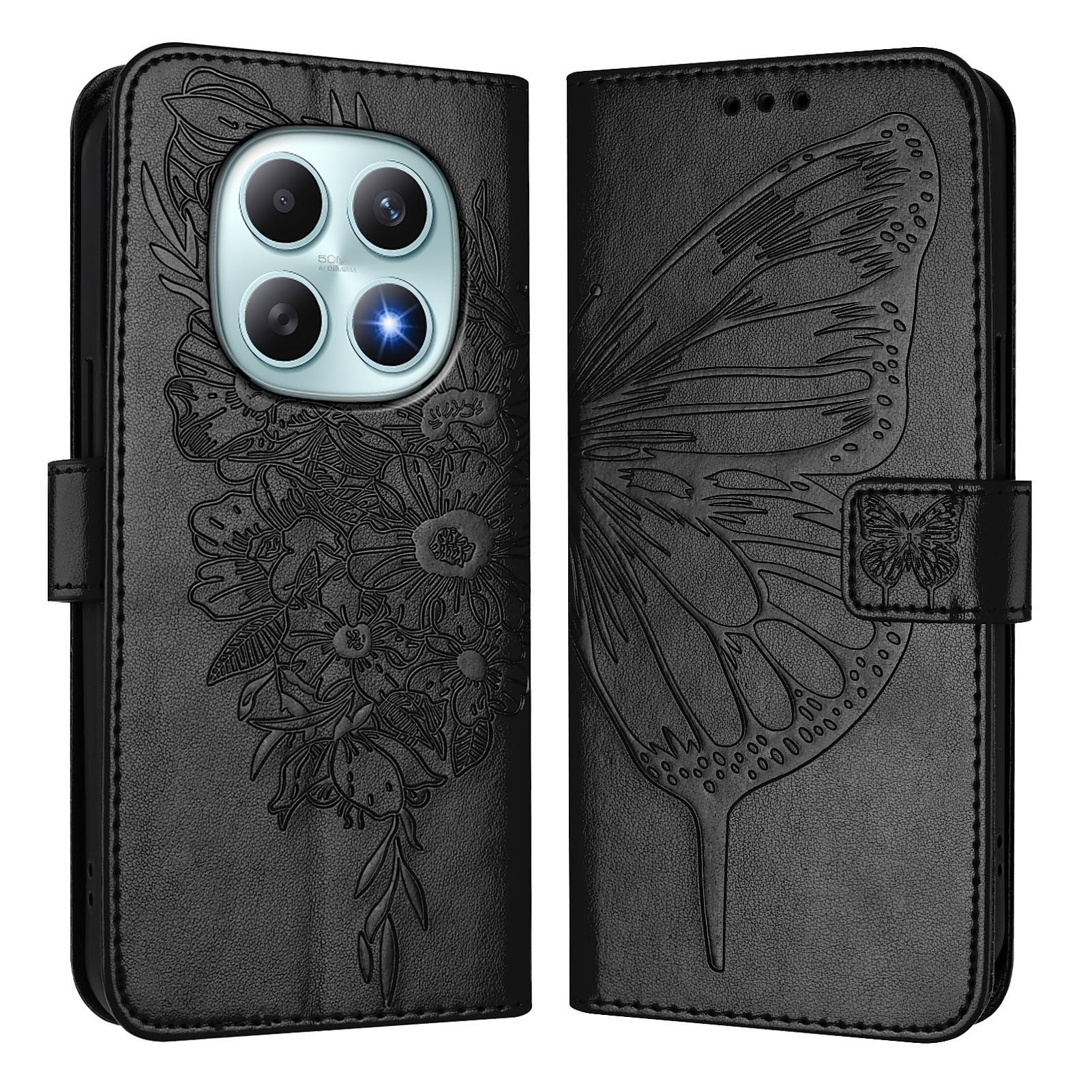 For Xiaomi Poco M8 5G / Redmi Note 15 5G (Global) / 15 4G (Global) Wallet Case with Wrist Strap Butterfly Imprint Leather Phone Cover - Black