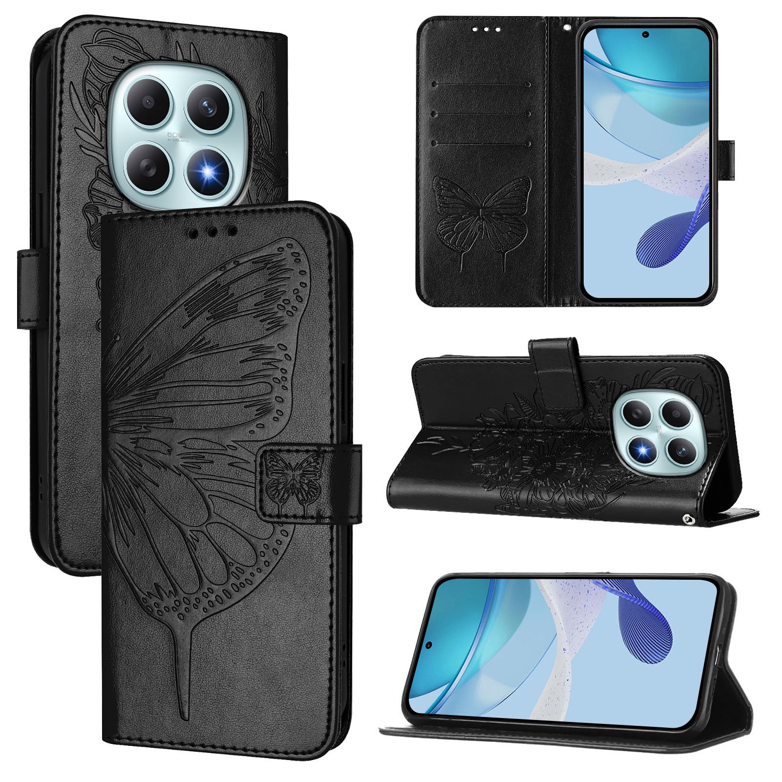 For Xiaomi Poco M8 5G / Redmi Note 15 5G (Global) / 15 4G (Global) Wallet Case with Wrist Strap Butterfly Imprint Leather Phone Cover - Black