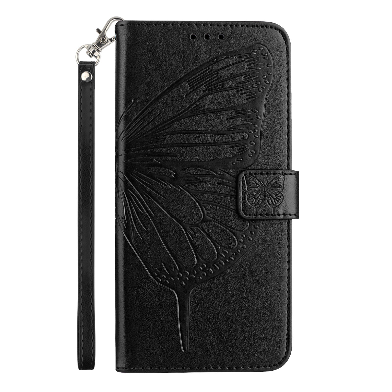 For Xiaomi Poco M8 5G / Redmi Note 15 5G (Global) / 15 4G (Global) Wallet Case with Wrist Strap Butterfly Imprint Leather Phone Cover - Black