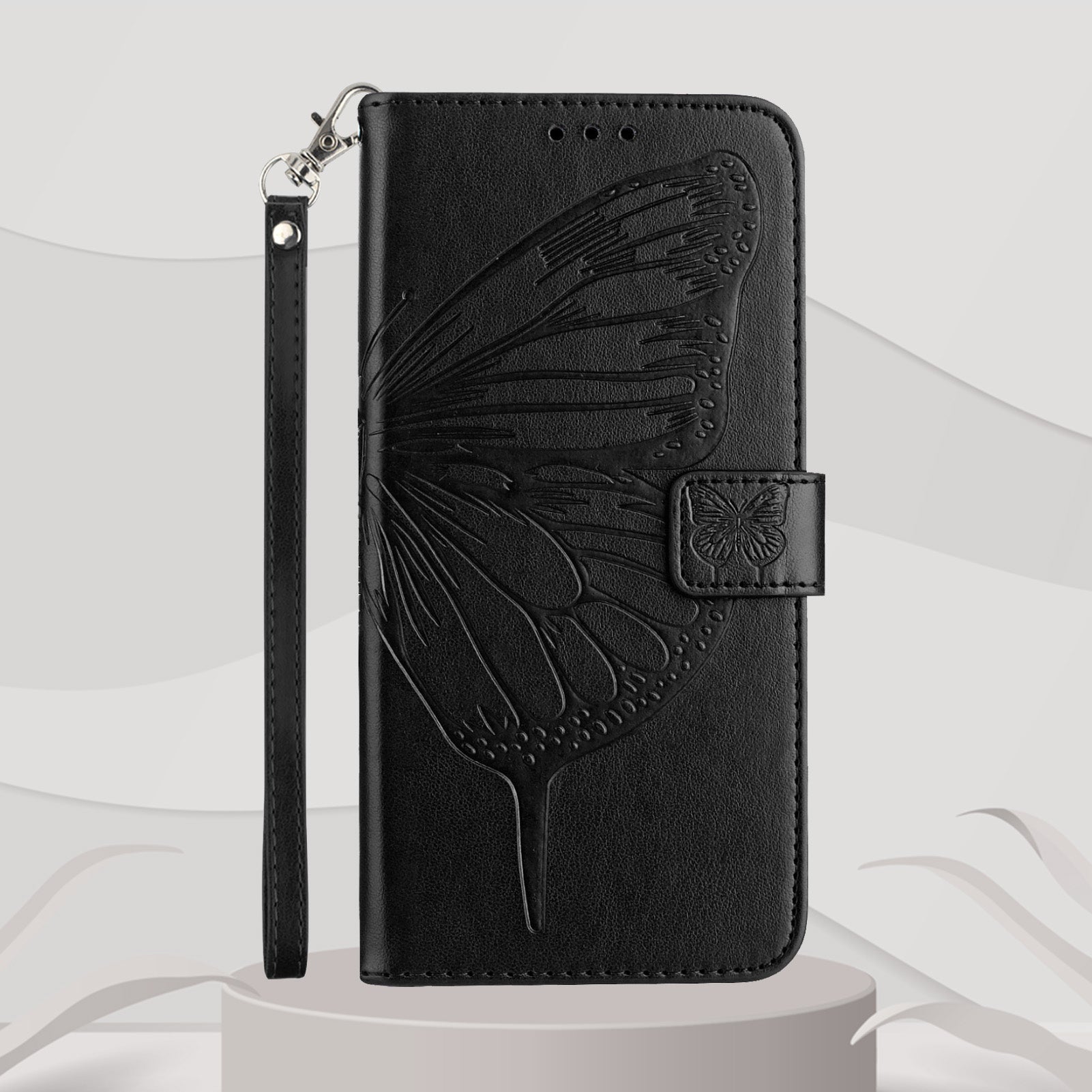 For Xiaomi Poco M8 5G / Redmi Note 15 5G (Global) / 15 4G (Global) Wallet Case with Wrist Strap Butterfly Imprint Leather Phone Cover - Black