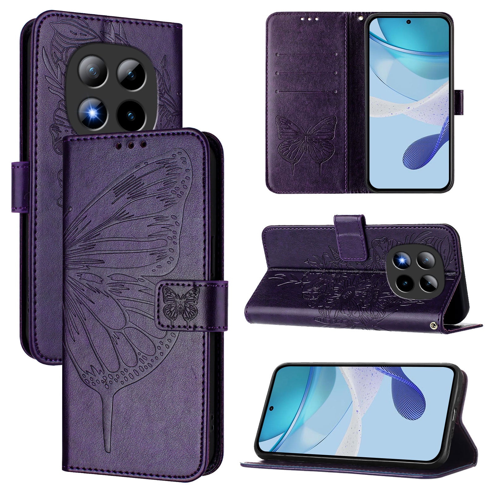 For Xiaomi Poco M8 Pro 5G / Redmi Note 15 Pro+ 5G (Global) Wallet Case with Wrist Strap Butterfly Imprint Leather Phone Cover - Dark Purple