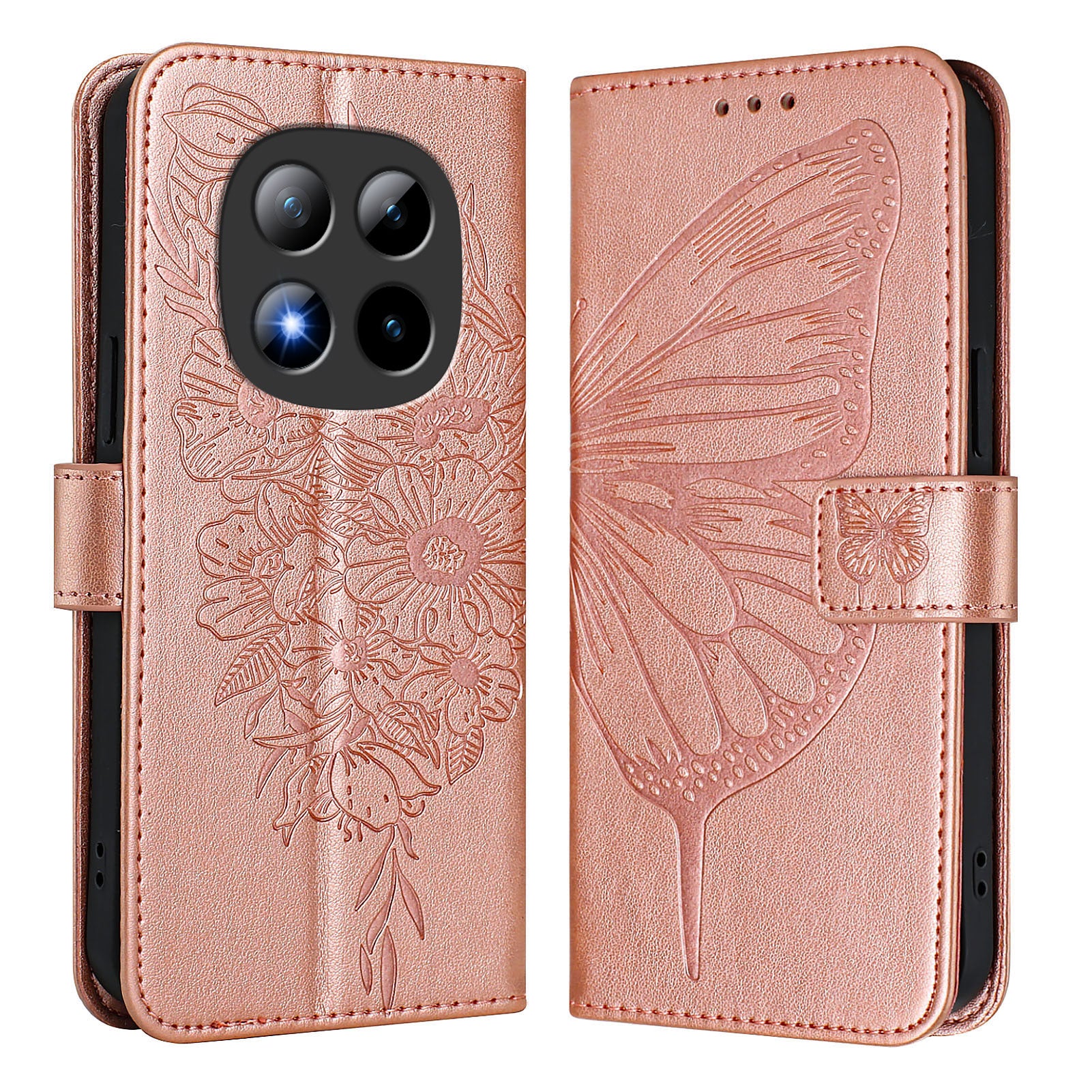 For Xiaomi Poco M8 Pro 5G / Redmi Note 15 Pro+ 5G (Global) Wallet Case with Wrist Strap Butterfly Imprint Leather Phone Cover - Rose Gold