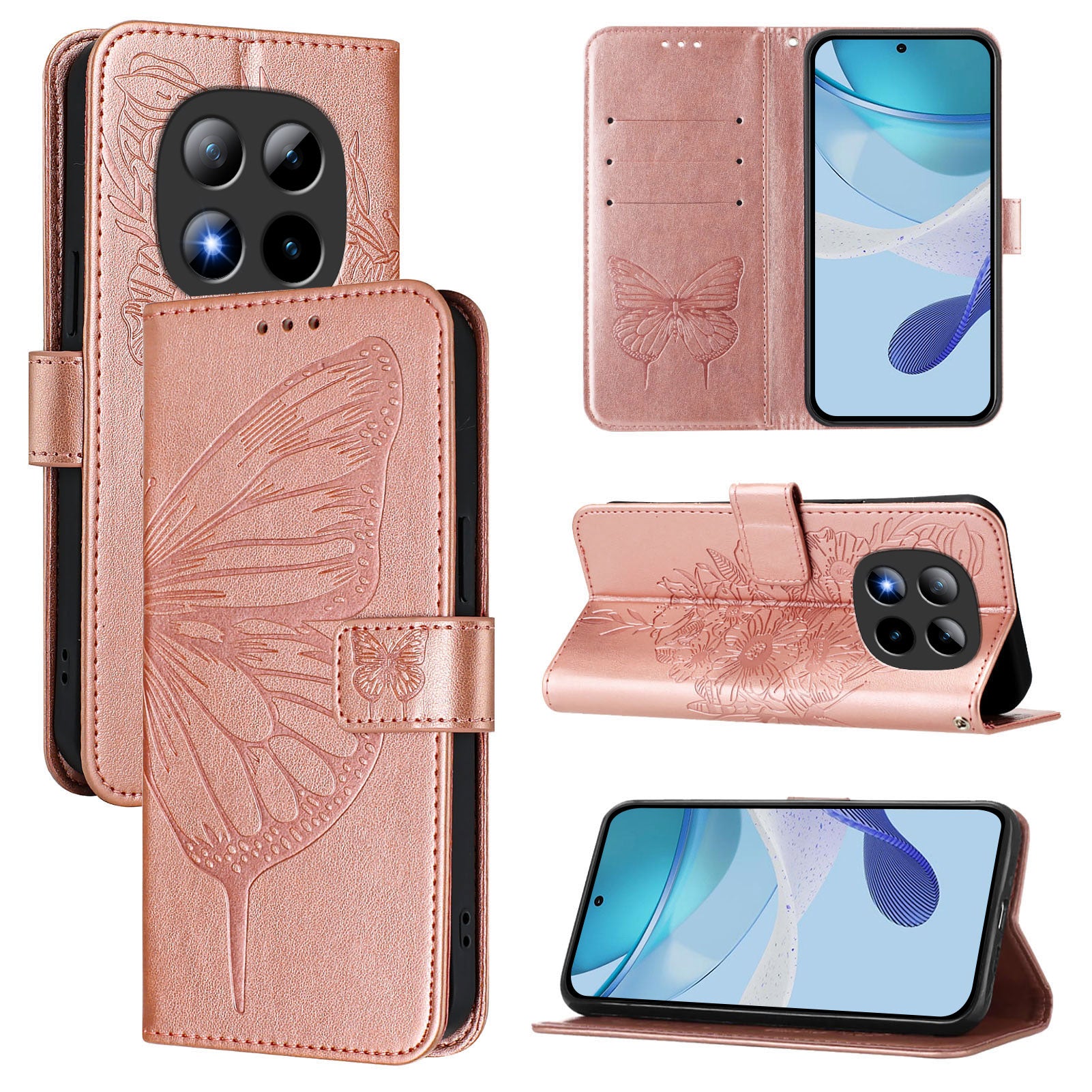 For Xiaomi Poco M8 Pro 5G / Redmi Note 15 Pro+ 5G (Global) Wallet Case with Wrist Strap Butterfly Imprint Leather Phone Cover - Rose Gold