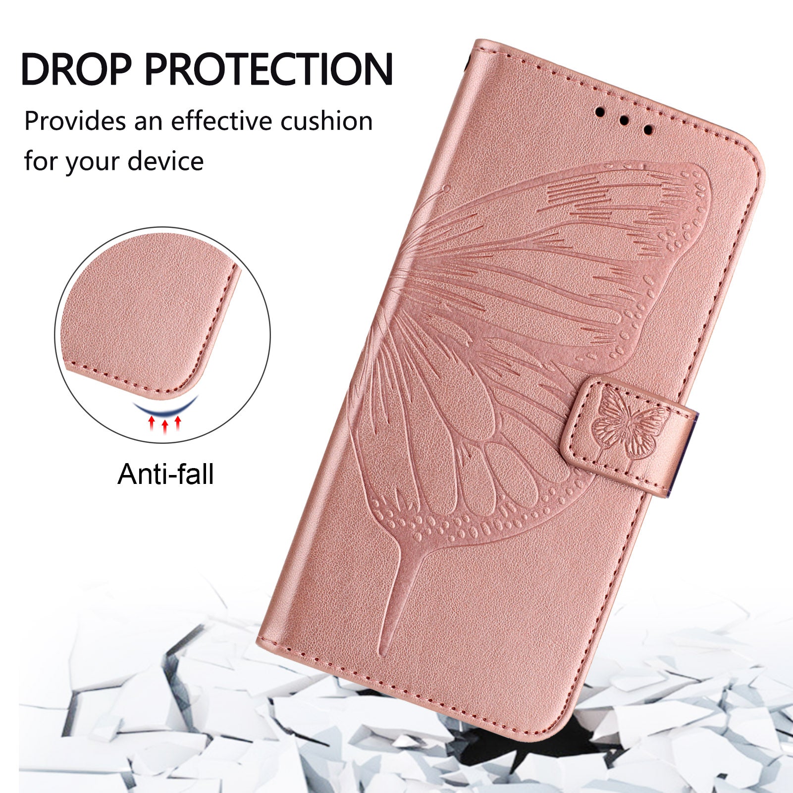 For Xiaomi Poco M8 Pro 5G / Redmi Note 15 Pro+ 5G (Global) Wallet Case with Wrist Strap Butterfly Imprint Leather Phone Cover - Rose Gold
