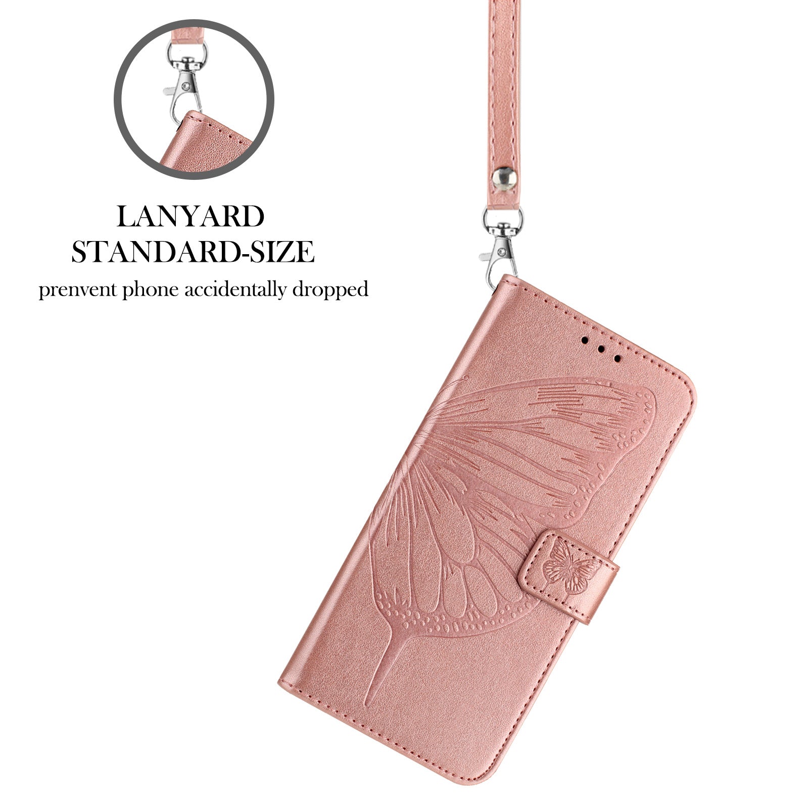For Xiaomi Poco M8 Pro 5G / Redmi Note 15 Pro+ 5G (Global) Wallet Case with Wrist Strap Butterfly Imprint Leather Phone Cover - Rose Gold