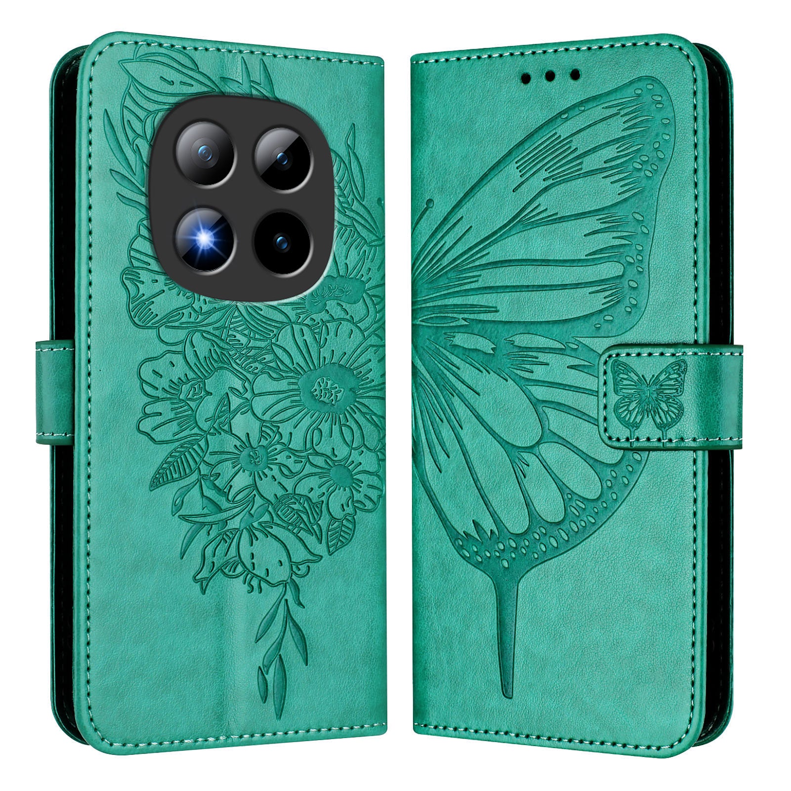 For Xiaomi Poco M8 Pro 5G / Redmi Note 15 Pro+ 5G (Global) Wallet Case with Wrist Strap Butterfly Imprint Leather Phone Cover - Green