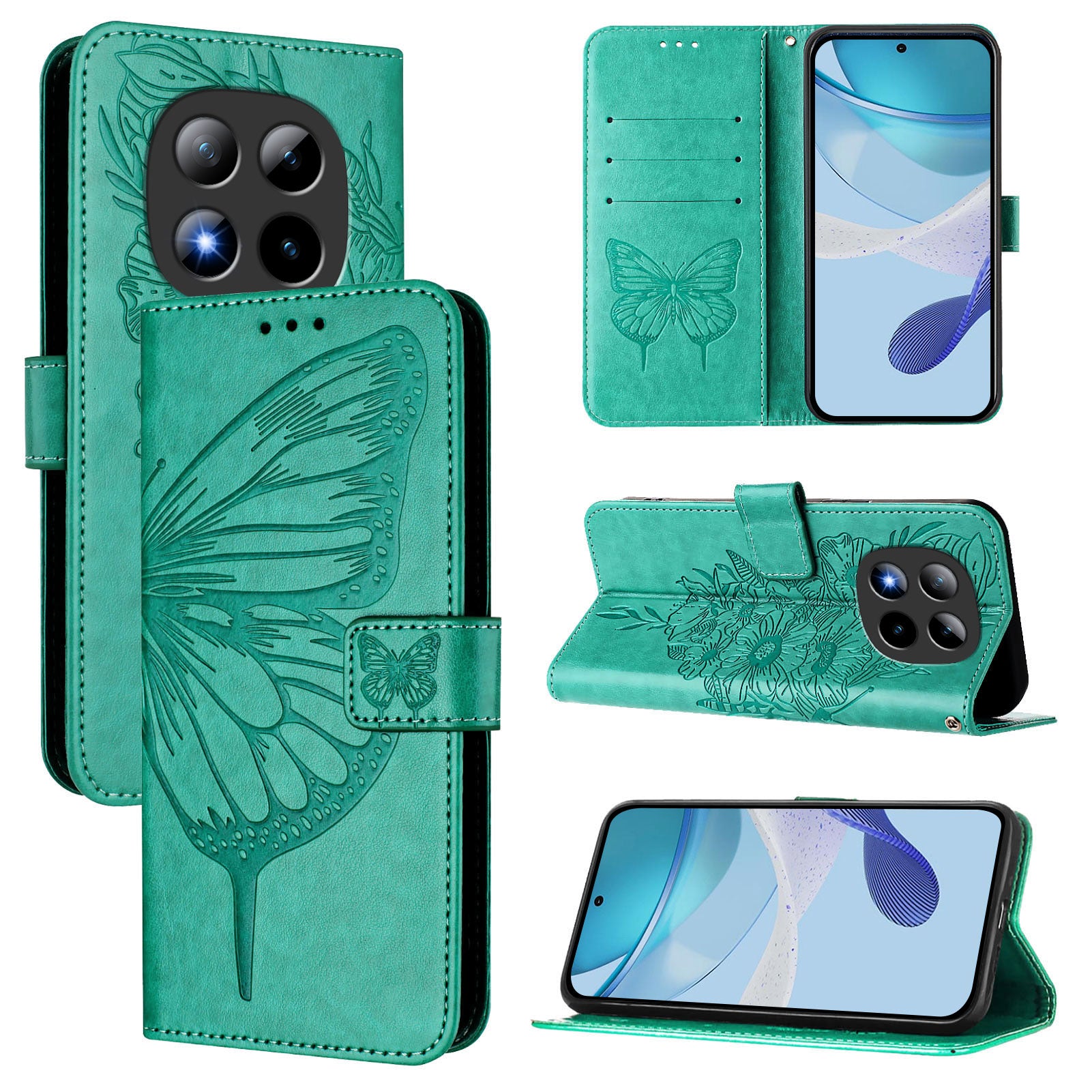For Xiaomi Poco M8 Pro 5G / Redmi Note 15 Pro+ 5G (Global) Wallet Case with Wrist Strap Butterfly Imprint Leather Phone Cover - Green