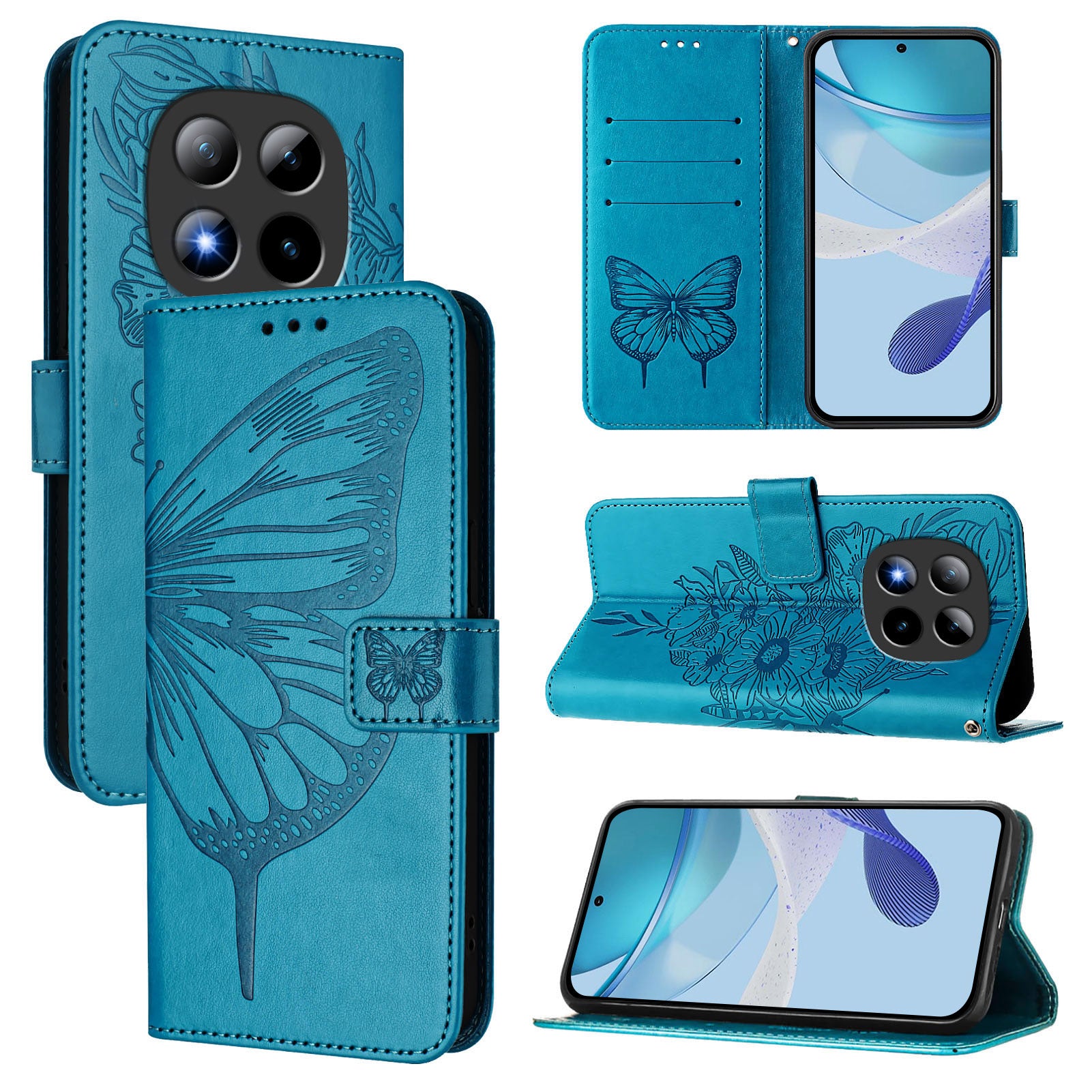 For Xiaomi Poco M8 Pro 5G / Redmi Note 15 Pro+ 5G (Global) Wallet Case with Wrist Strap Butterfly Imprint Leather Phone Cover - Blue