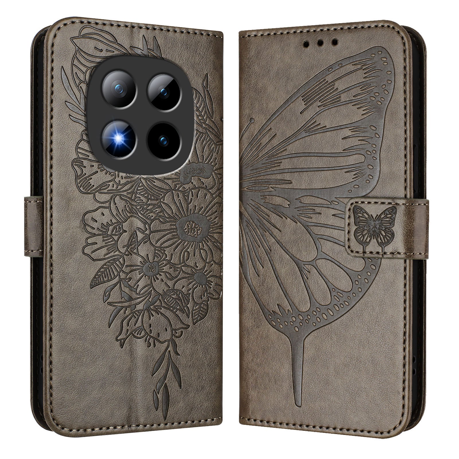 For Xiaomi Poco M8 Pro 5G / Redmi Note 15 Pro+ 5G (Global) Wallet Case with Wrist Strap Butterfly Imprint Leather Phone Cover - Grey
