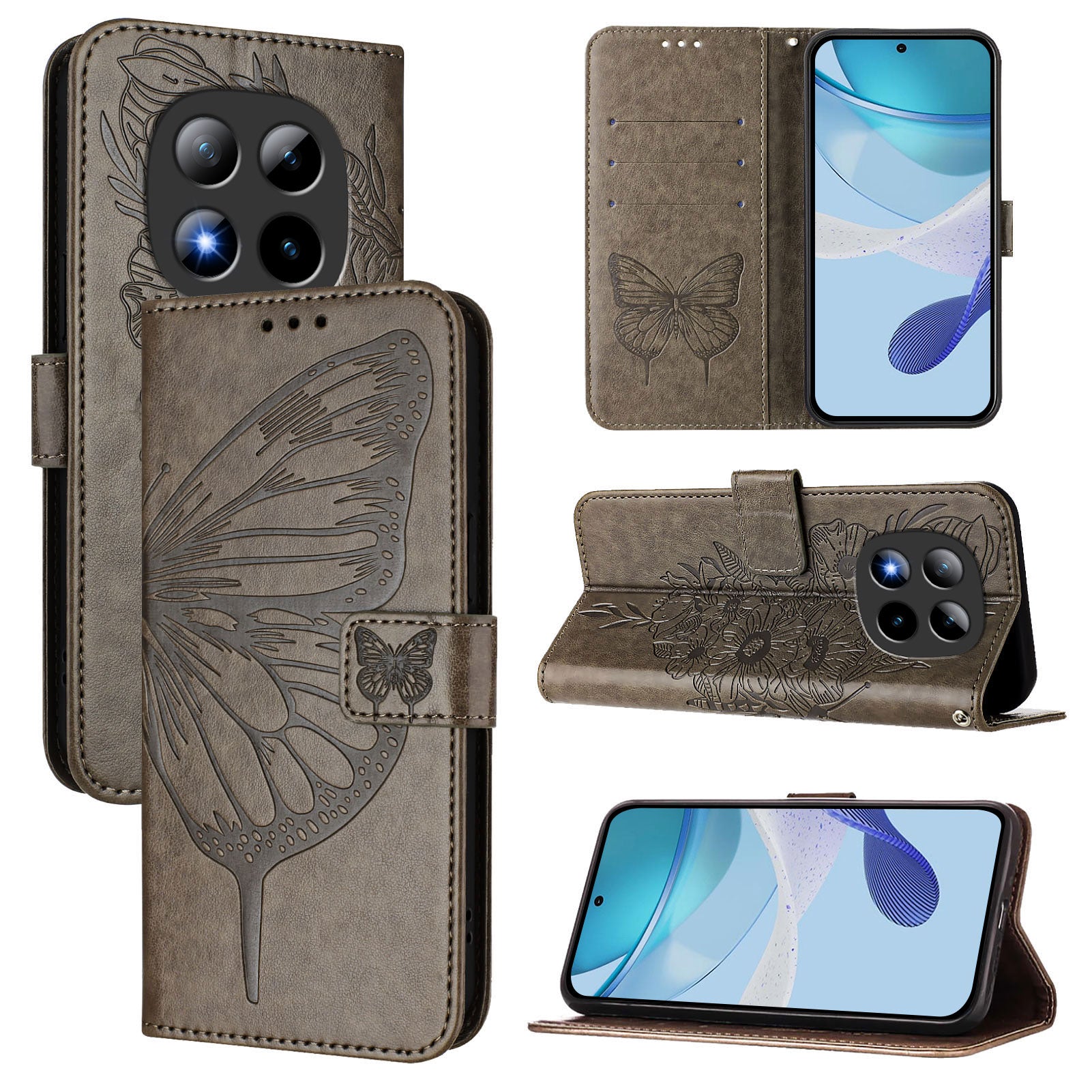 For Xiaomi Poco M8 Pro 5G / Redmi Note 15 Pro+ 5G (Global) Wallet Case with Wrist Strap Butterfly Imprint Leather Phone Cover - Grey